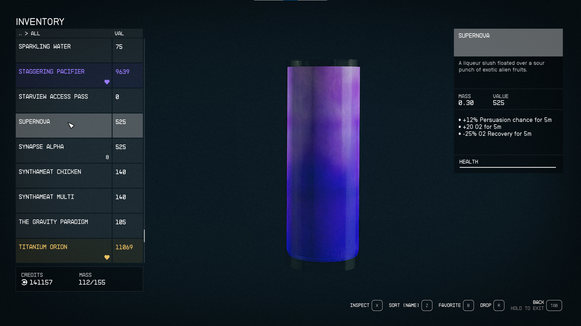 The Supernova liquer&rsquo;s item page in Starfield.