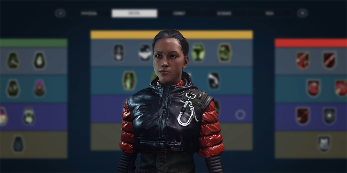 A player character in front of the Skill Menu in Starfield