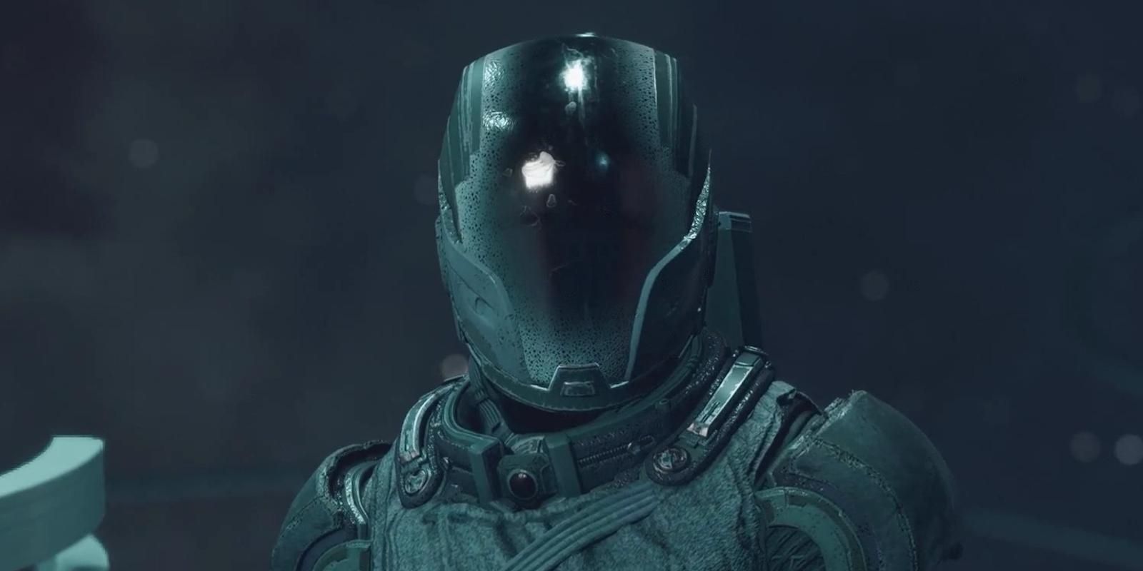 The Hunter in a screenshot from Starfield, against a murky, dark background. He wears a space suit with a helmet tinted so dark that no details of his face are visible.