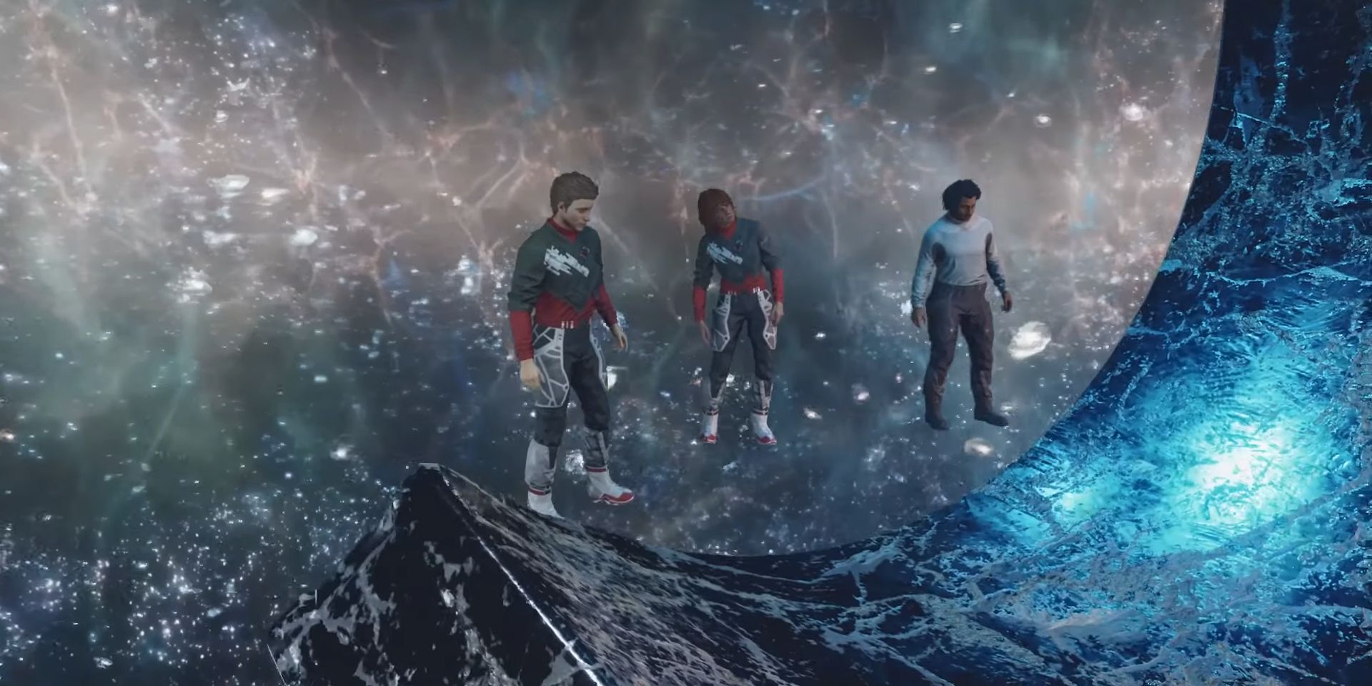 In a screenshot from Starfield&rsquo;s Unity, a group of humans surround a half-broken alien stone ring, studying it in deep thought.