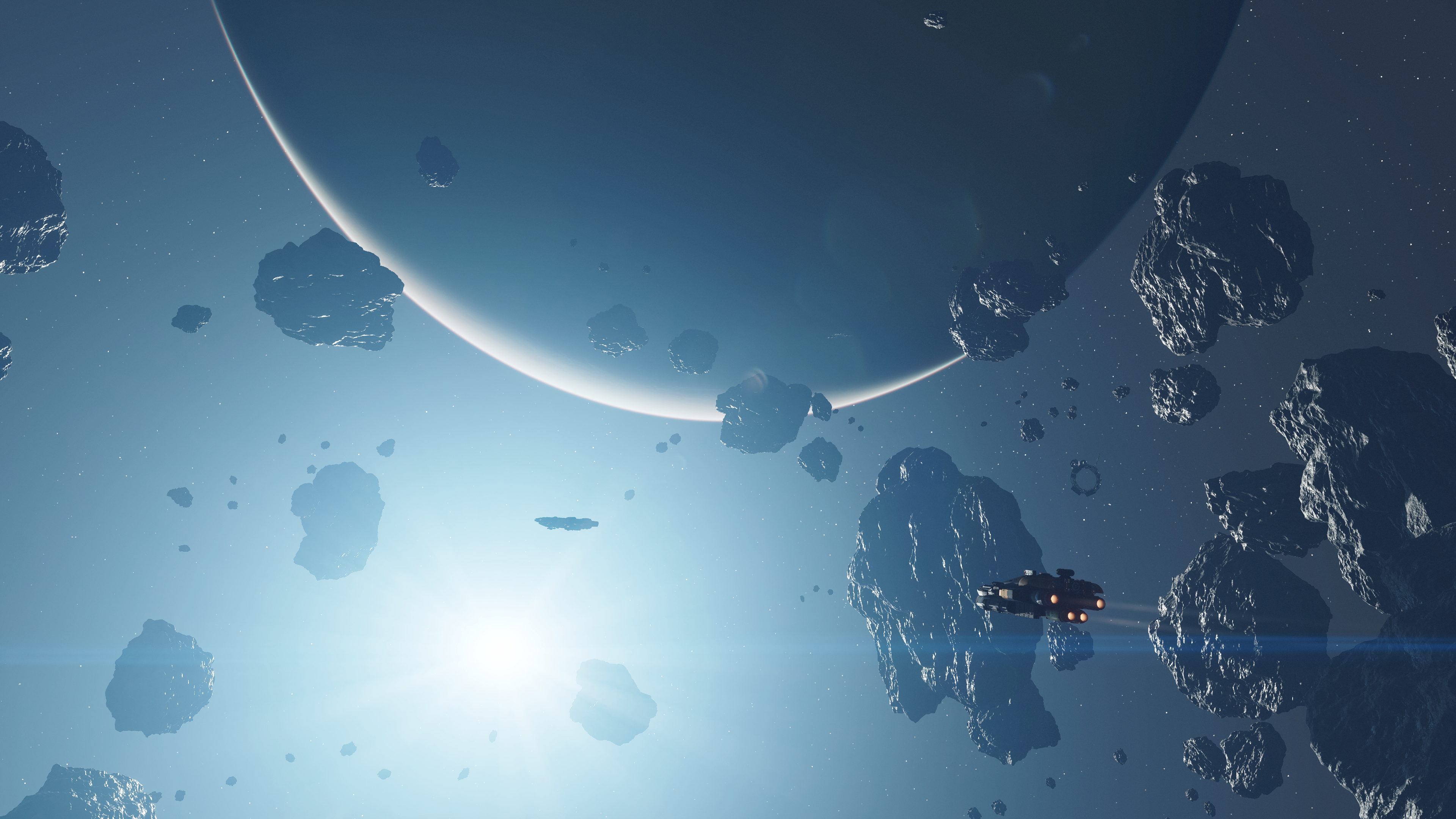 A screenshot of Venus from orbit in Starfield. The planet hangs in the top center of the image, backlit by the Sun offset near the bottom. In the foreground are two spaceships amid a field of asteroids.
