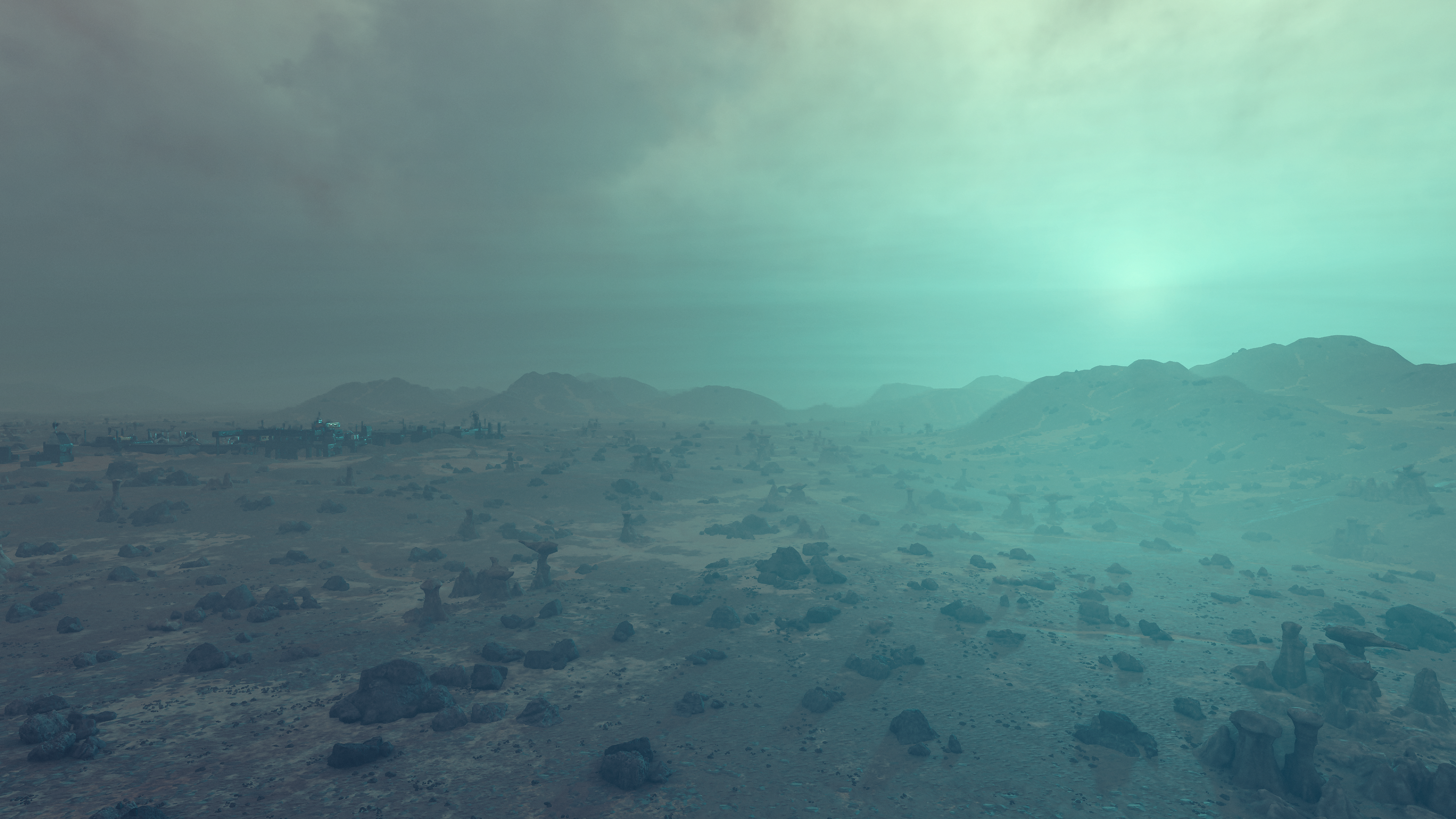 A screenshot of the surface of Venus in Starfield, showing a rocket landscape with buildings in the distance to the left. The rising sun is occluded by the atmosphere.