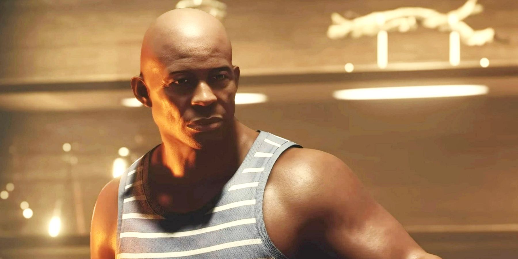 A screenshot of Vladimir in Starfield, a bald man wearing a striped tank top.