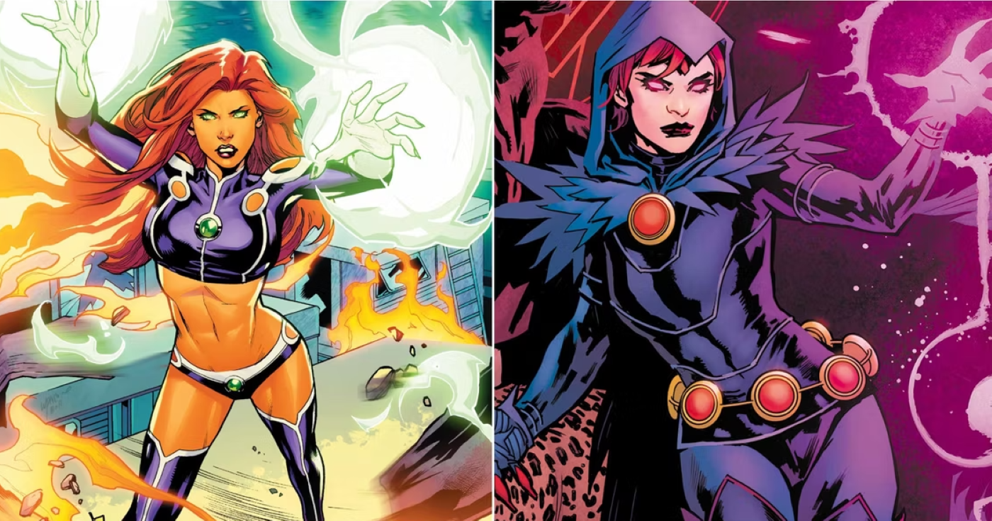 Side by side photos of comics version Starfire and Raven displaying their powers.