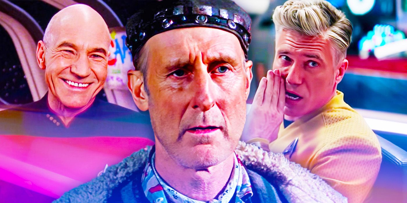 Captain Picard from TNG, Zefram Cochrane (James Cromwell) from First Contact, and Captain Pike from Strange New Worlds