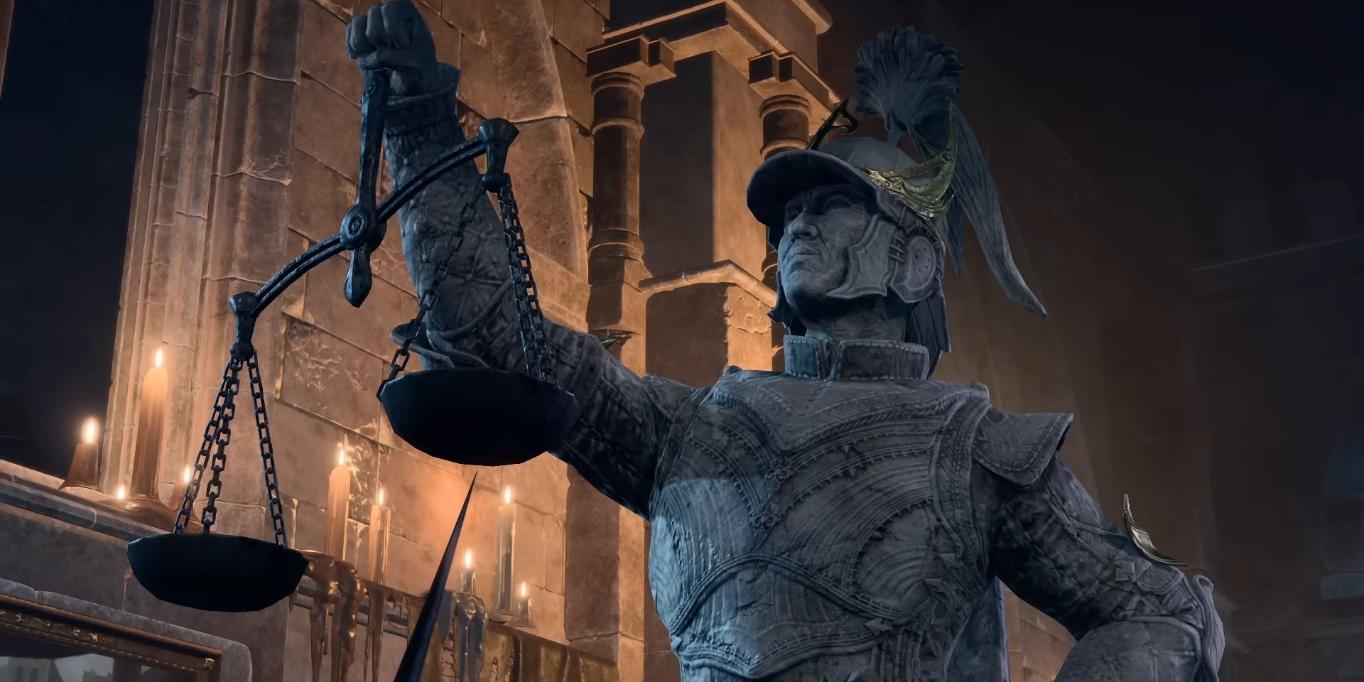 Statue of Balduran holding scales of justice in the Wyrmway in Baldur's Gate 3.