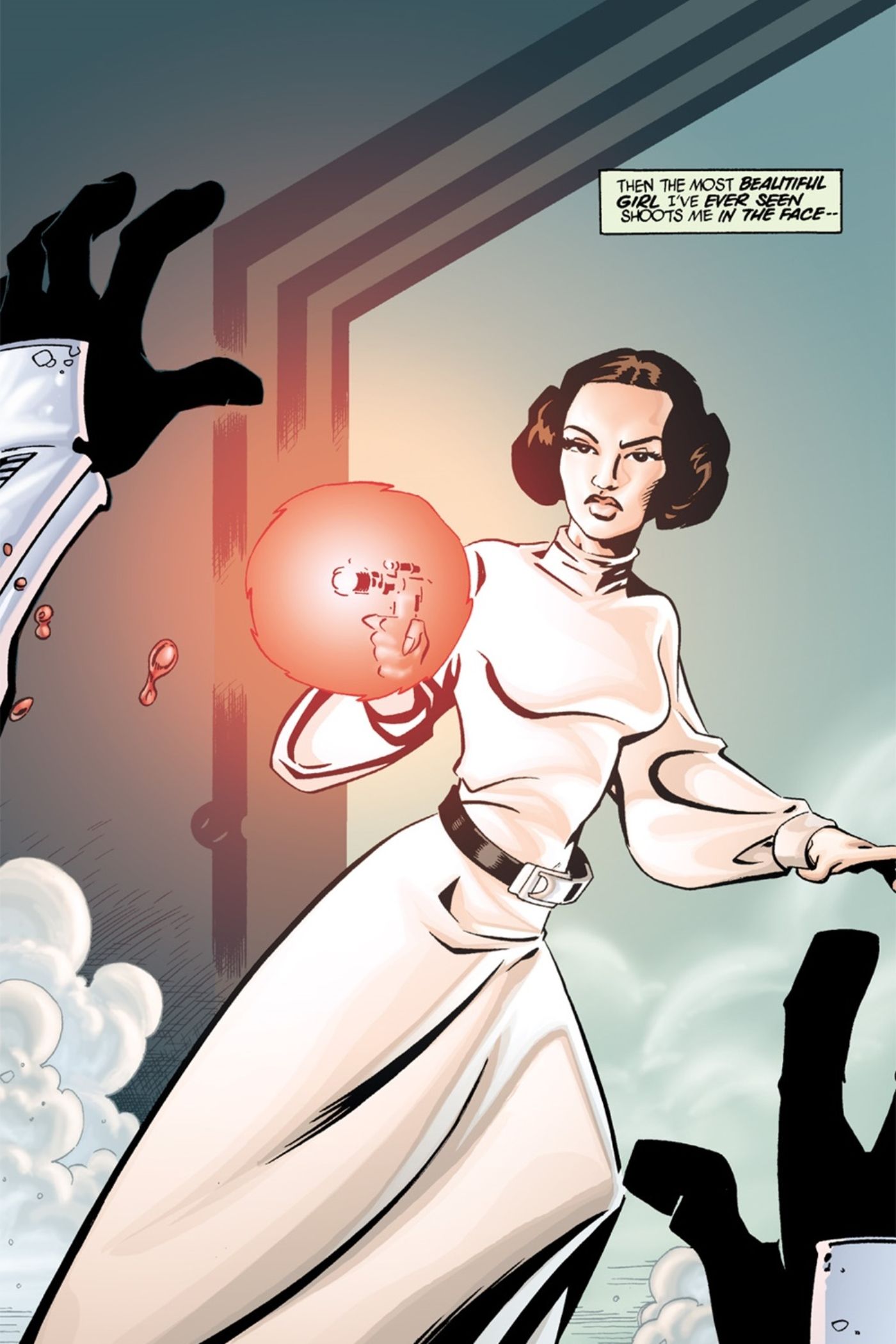 Stormtrooper getting shot by Leia.