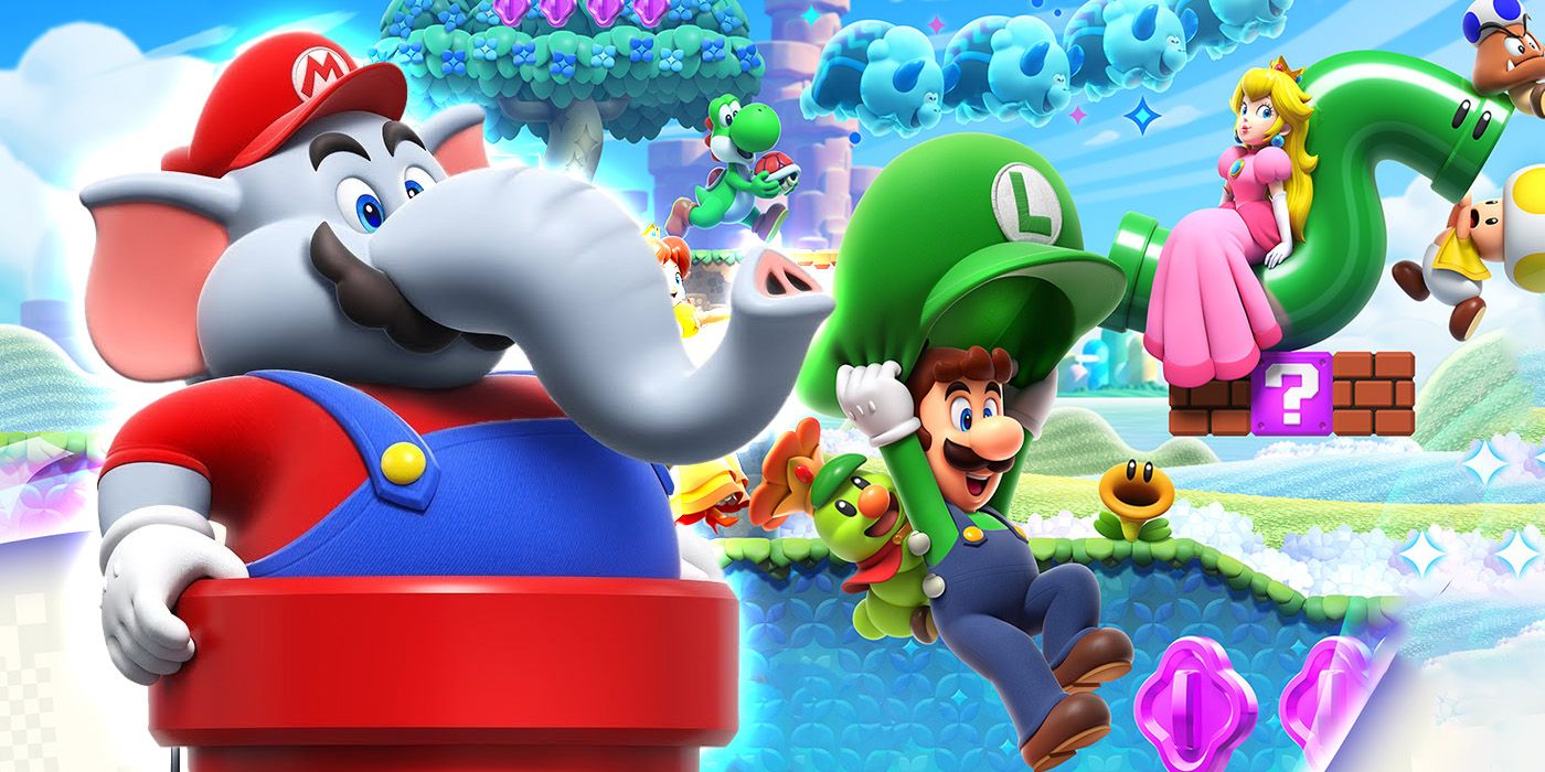Mario sous la forme d'un éléphant sortant d'un tuyau rouge à gauche.  En arrière-plan à droite, Luigi utilise sa casquette comme parachute, Yoshi tient une coquille Koopa rouge, et Peach et Toad se disputent une pipe verte qui semble avoir pris vie.