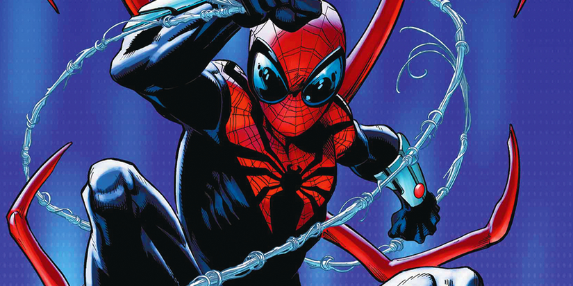 Superior Spider-Man leaping into action, against a blue backdrop