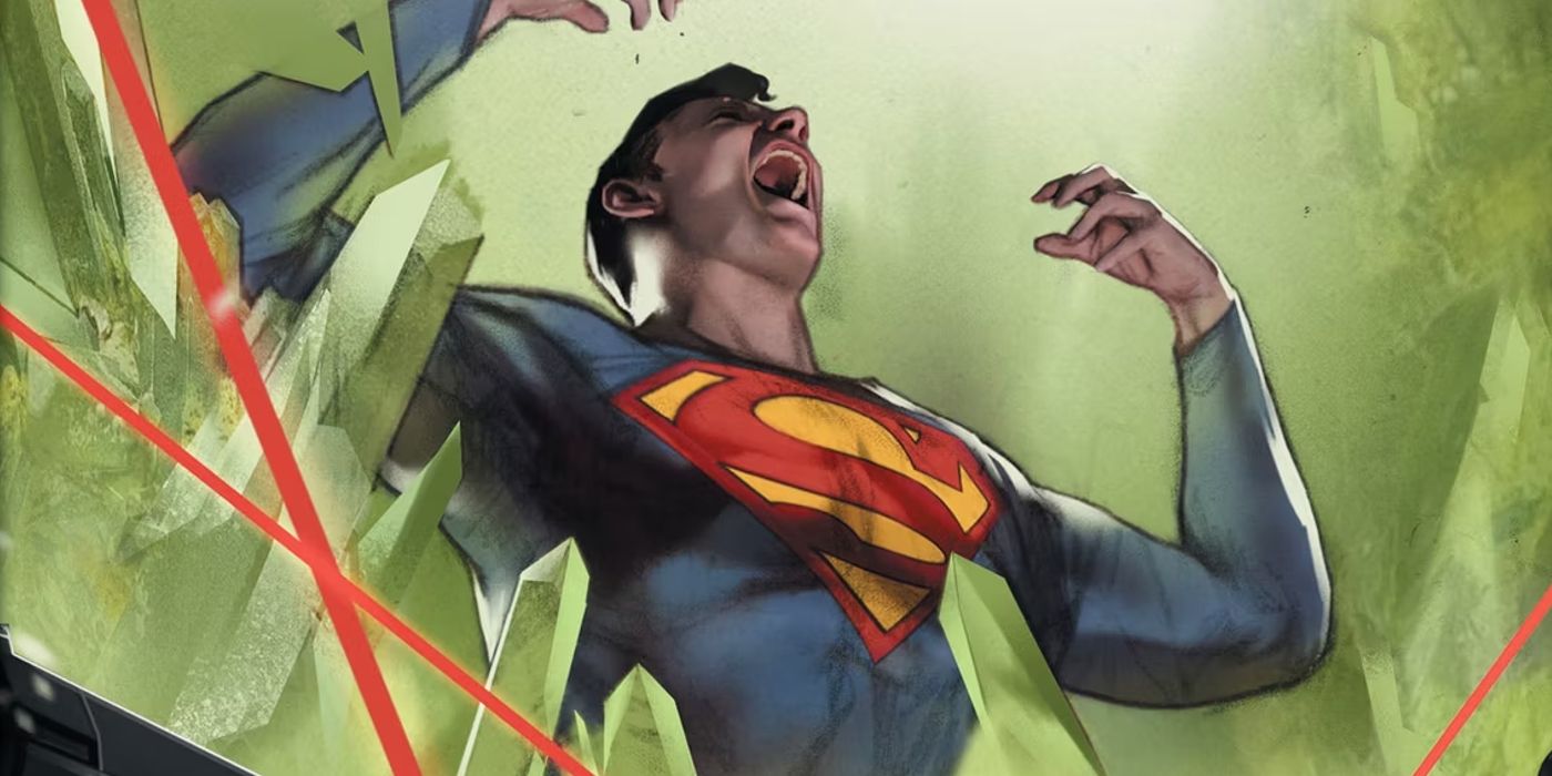 Featured Image: Superman crying out in pain, surrounded by green Kryptonite 
