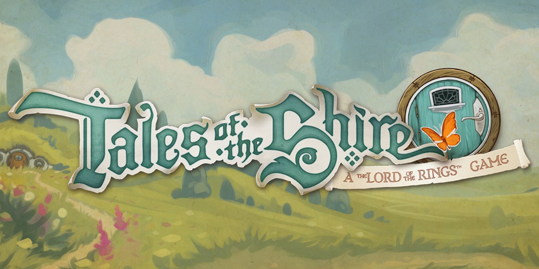 Logotipo de Tales of the Shire com as colinas de Hobbiton ao fundo.