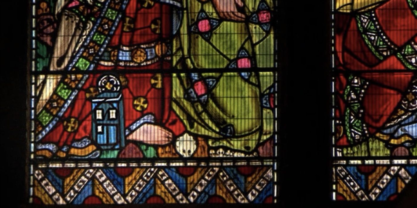The TARDIS appears in a stained glass window in Doctor Who