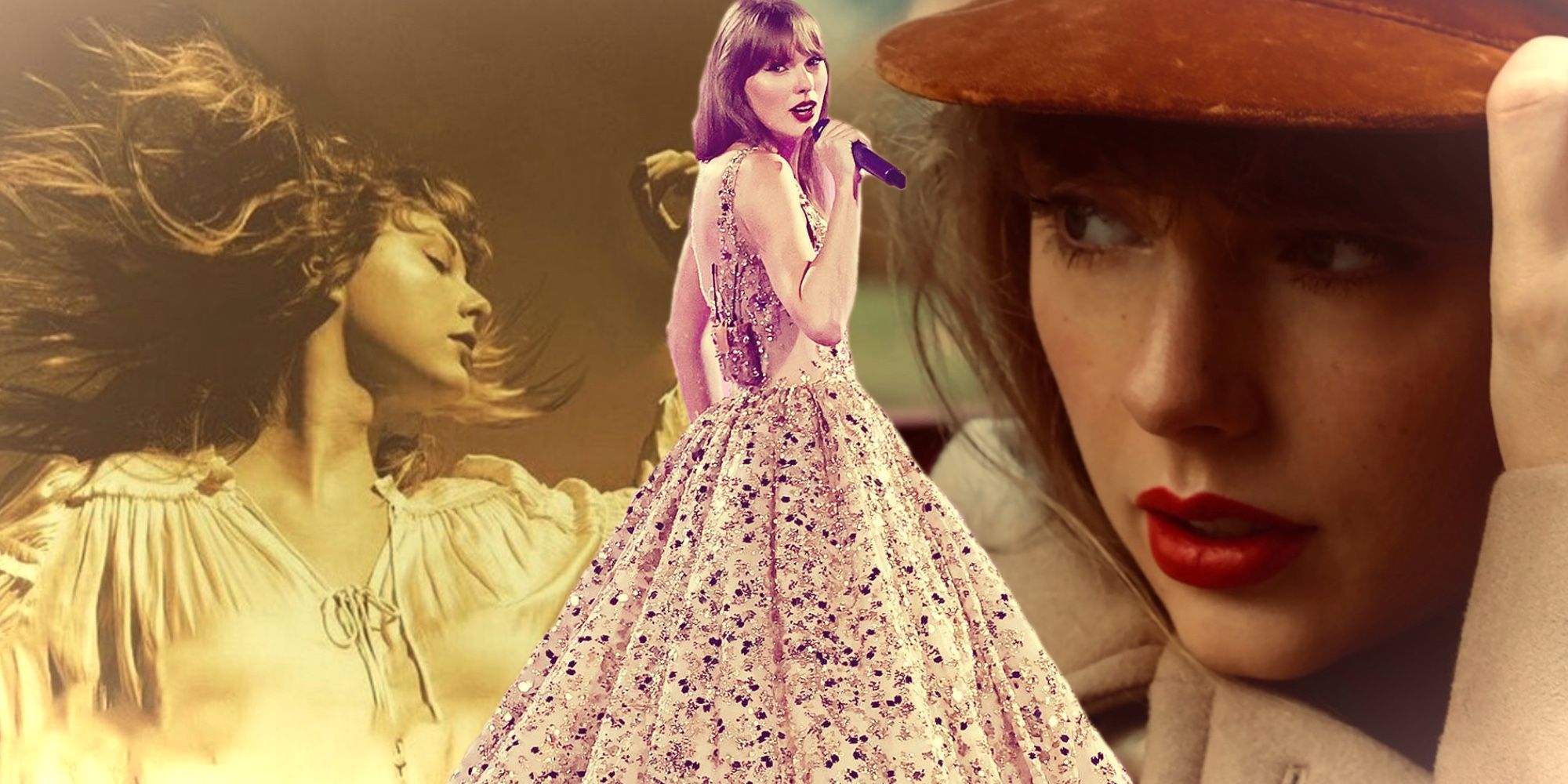 A composite image of Taylor Swift and her album covers 