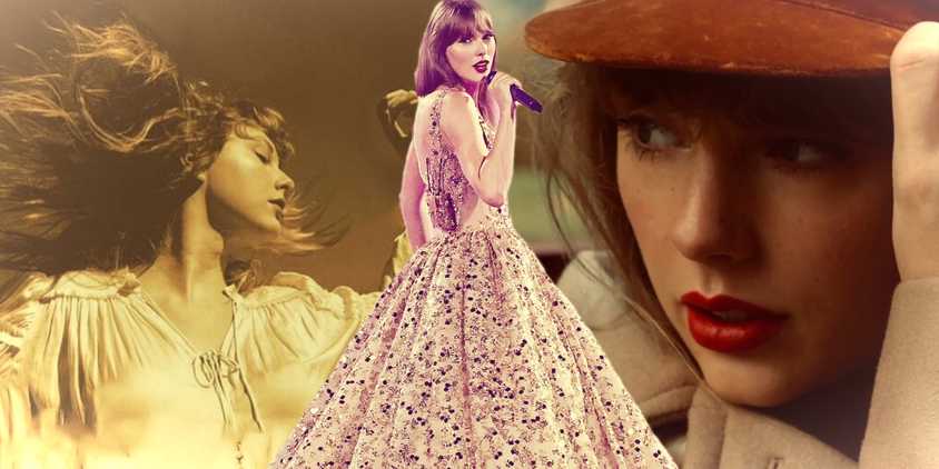 A composite image of Taylor Swift and her album covers for Fearless and Red