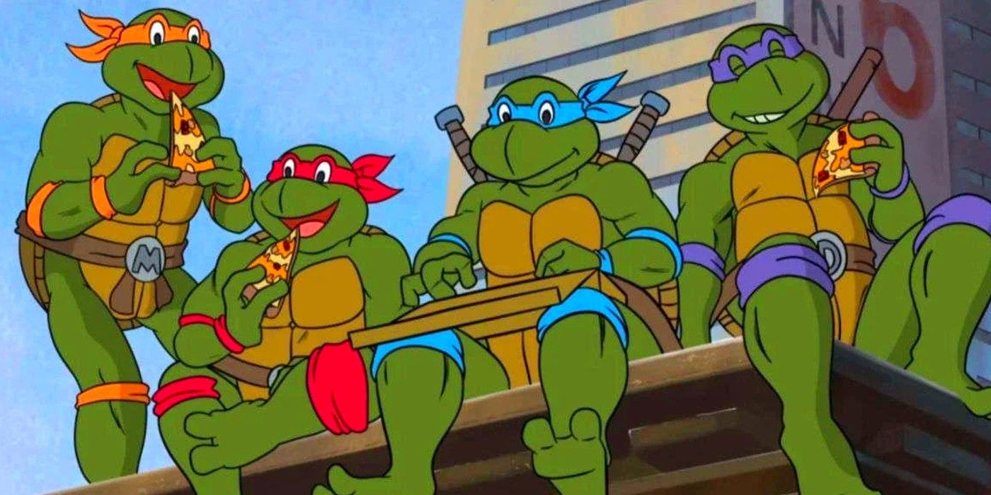 Teenage Mutant Hero Turtles sitting and eating pizza in 1987 show