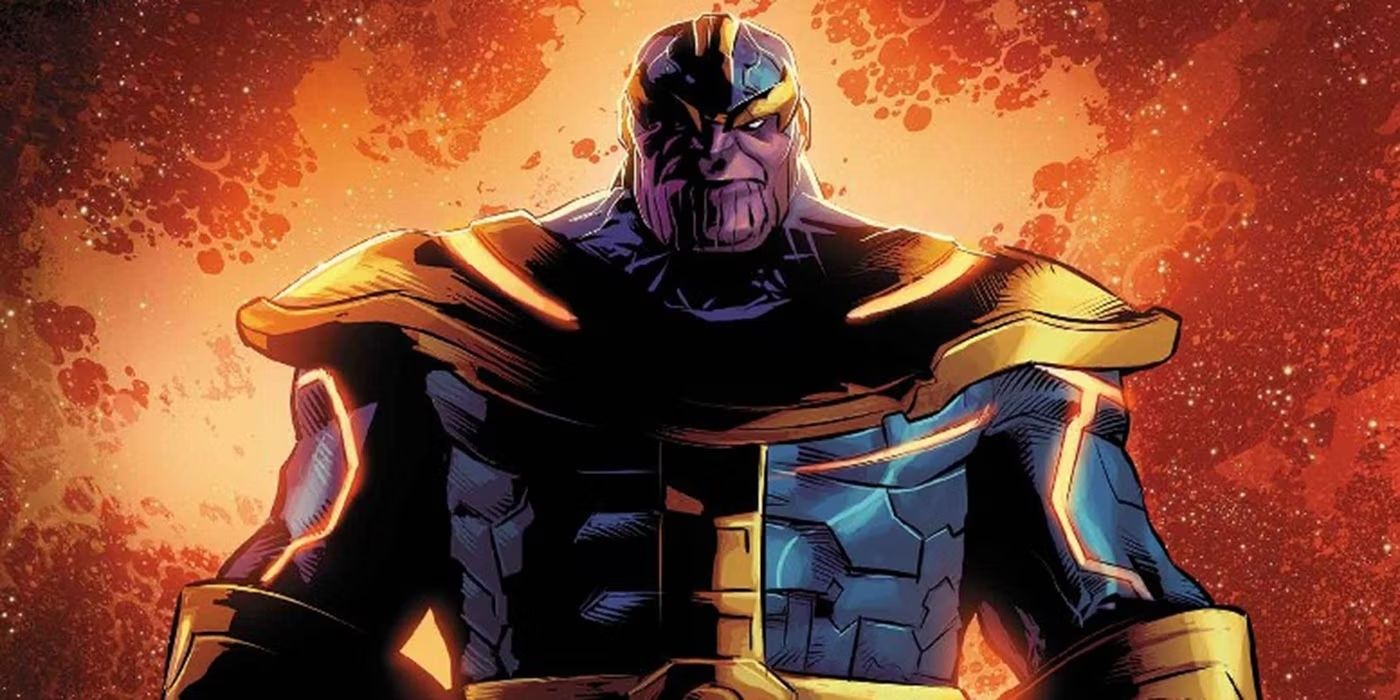 Image of Thanos standing against an explosive background.