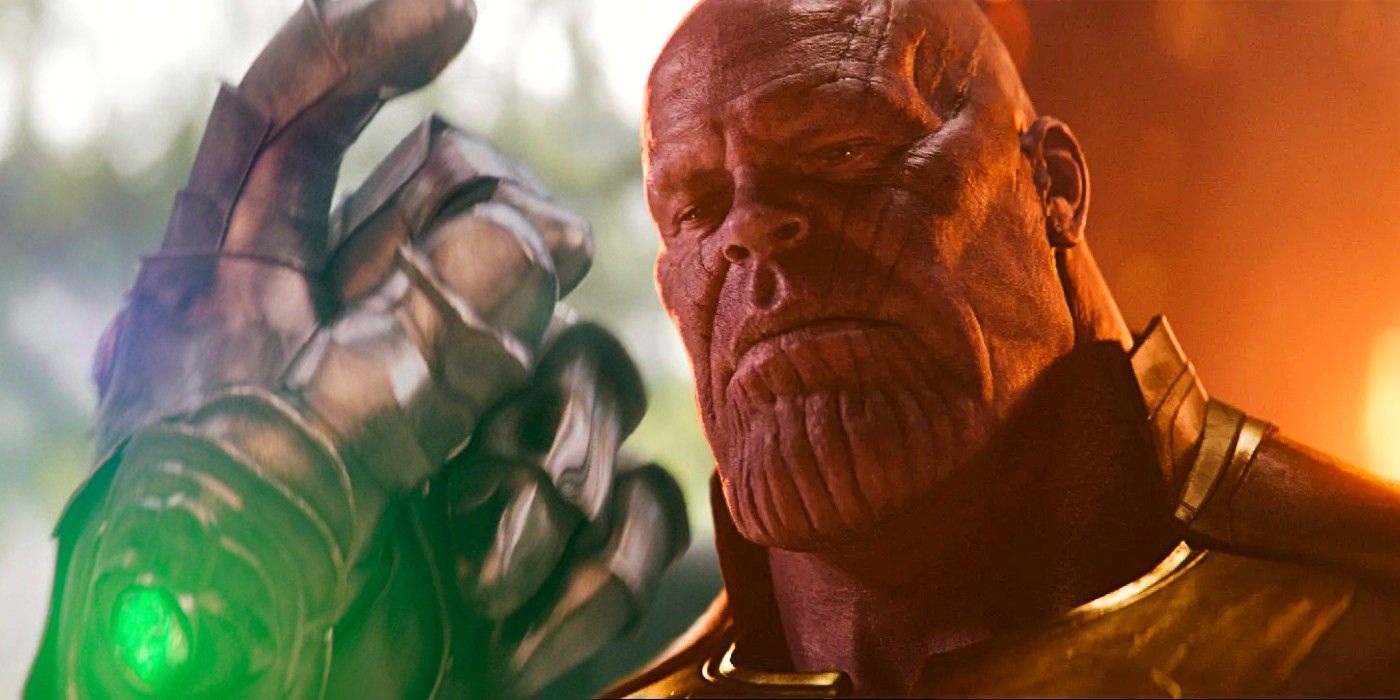 Custom image of Thanos' snap in Avengers: Infinity War and Thanos looking sad/determined against an orange background.