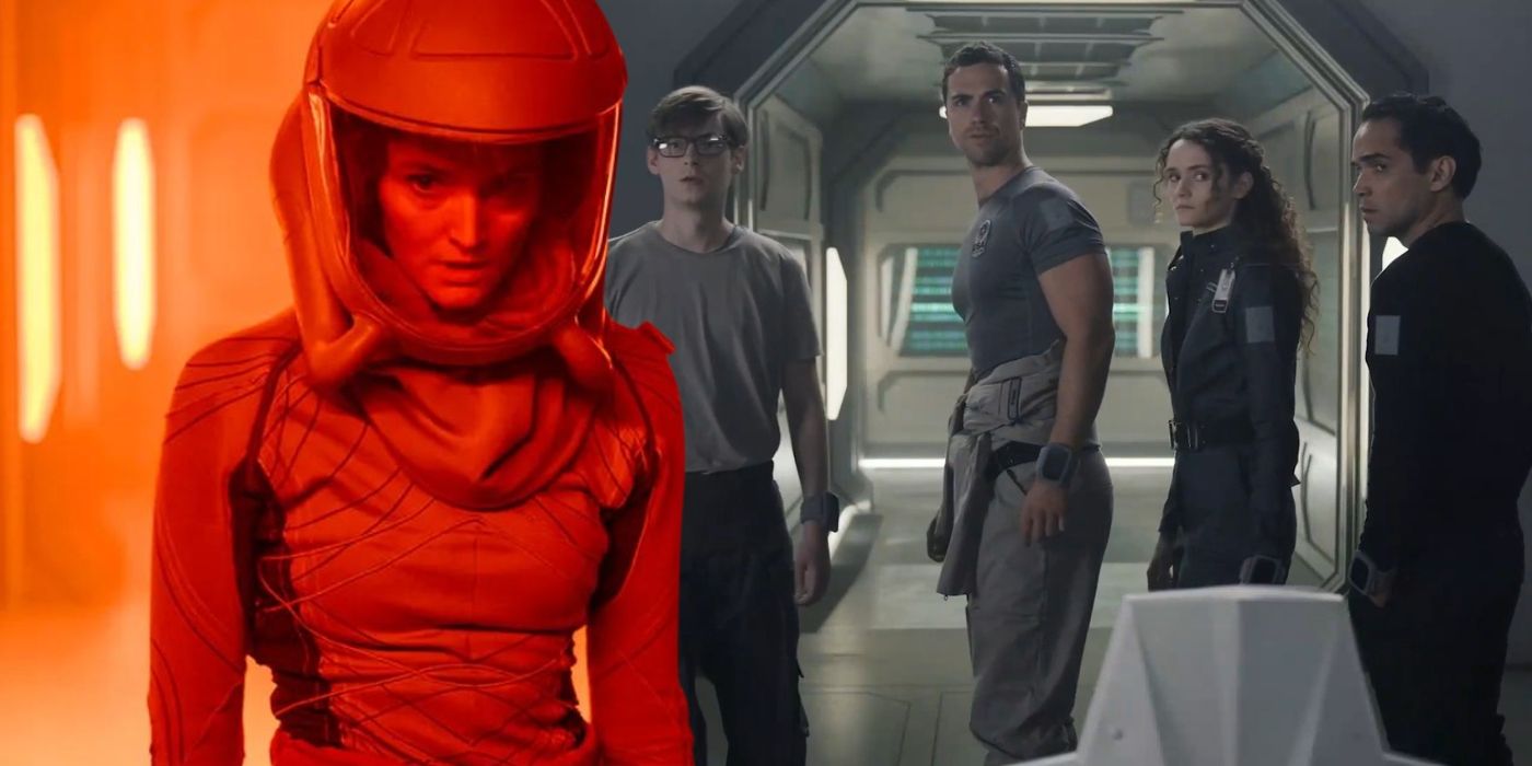 A woman in a space suit composited over a group of astronauts looking disturbed in The Ark