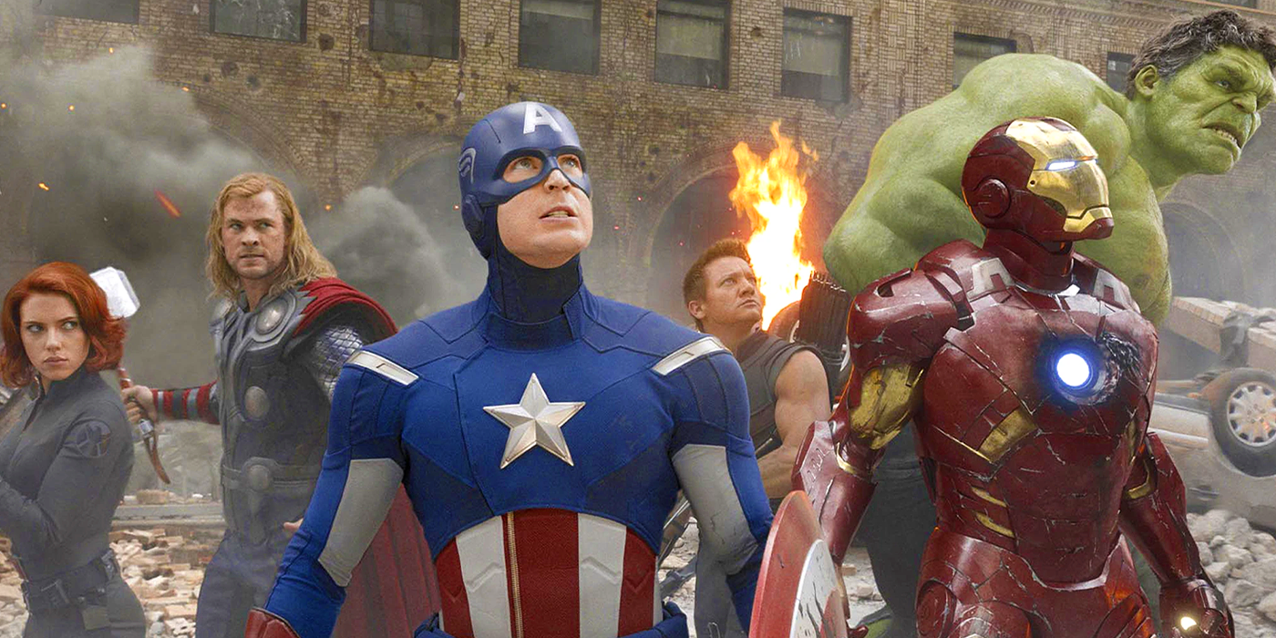 Scarlett Johannson as Black Widow, Chris Hemsworth as Thor, Chris Evans as Captain America, Jeremy Renner as Hawkeye, Robert Downey Jr. as Iron Man, and Mark Ruffalo as Hulk in The Avengers (2012) in the MCU