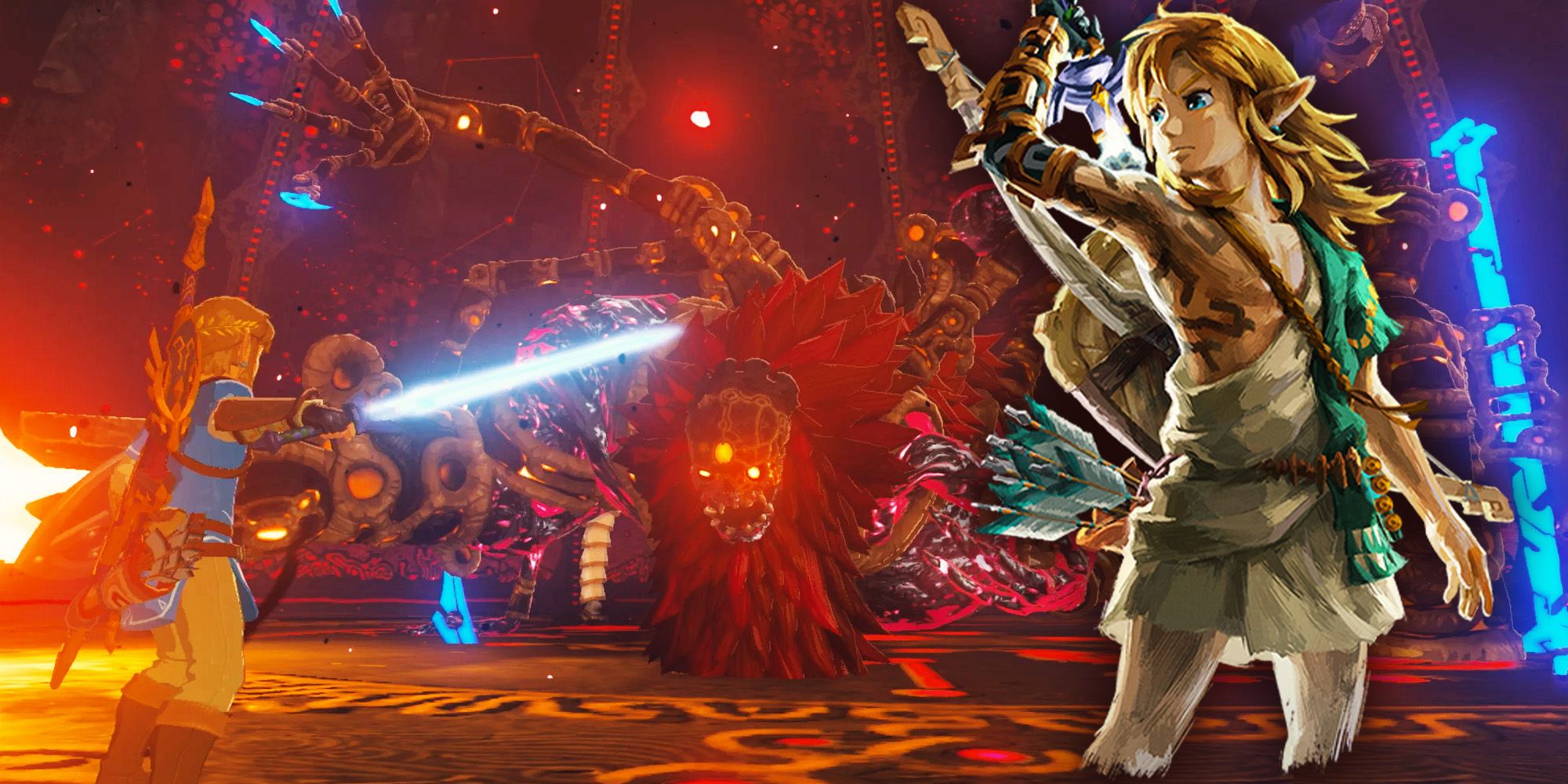 Link fighting Ganondorf in an underground cavern filled with red Malice while another LInk is in the foreground.