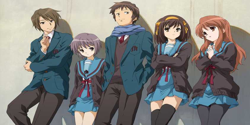 The Disappearance Of Haruhi Suzumiya Poster featuring the full cast in their winter uniforms against a plain backdrop.