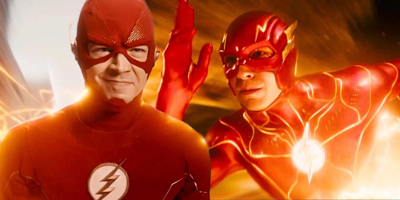 Custom image of Grant Gustin and Ezra Miller's versions of The Flash running with lightning effects.