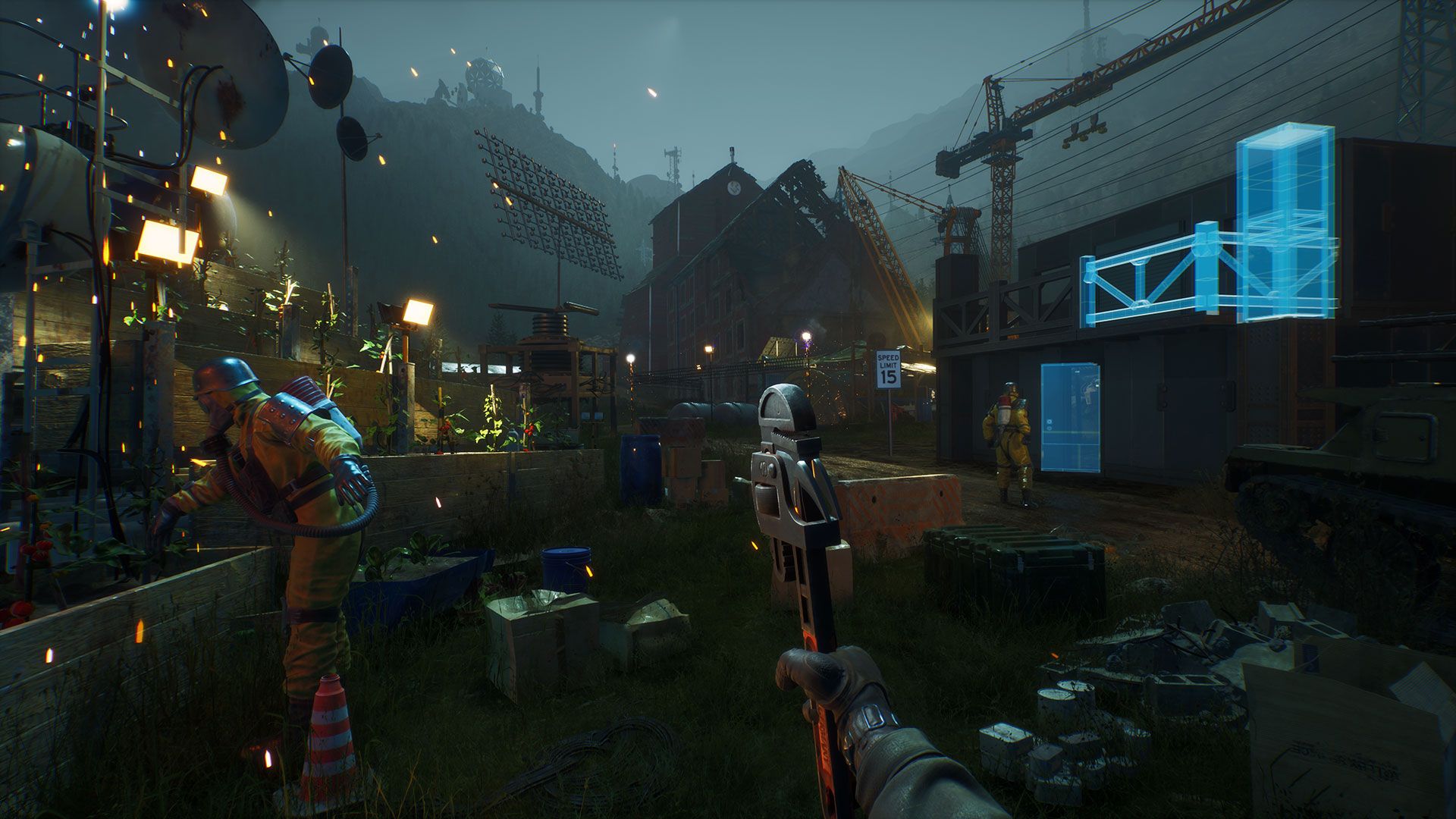 The Front first person POV of holding a wrench building a base during night time.
