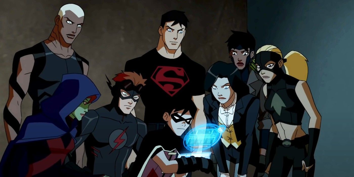 The hereos of Young Justice huddled together