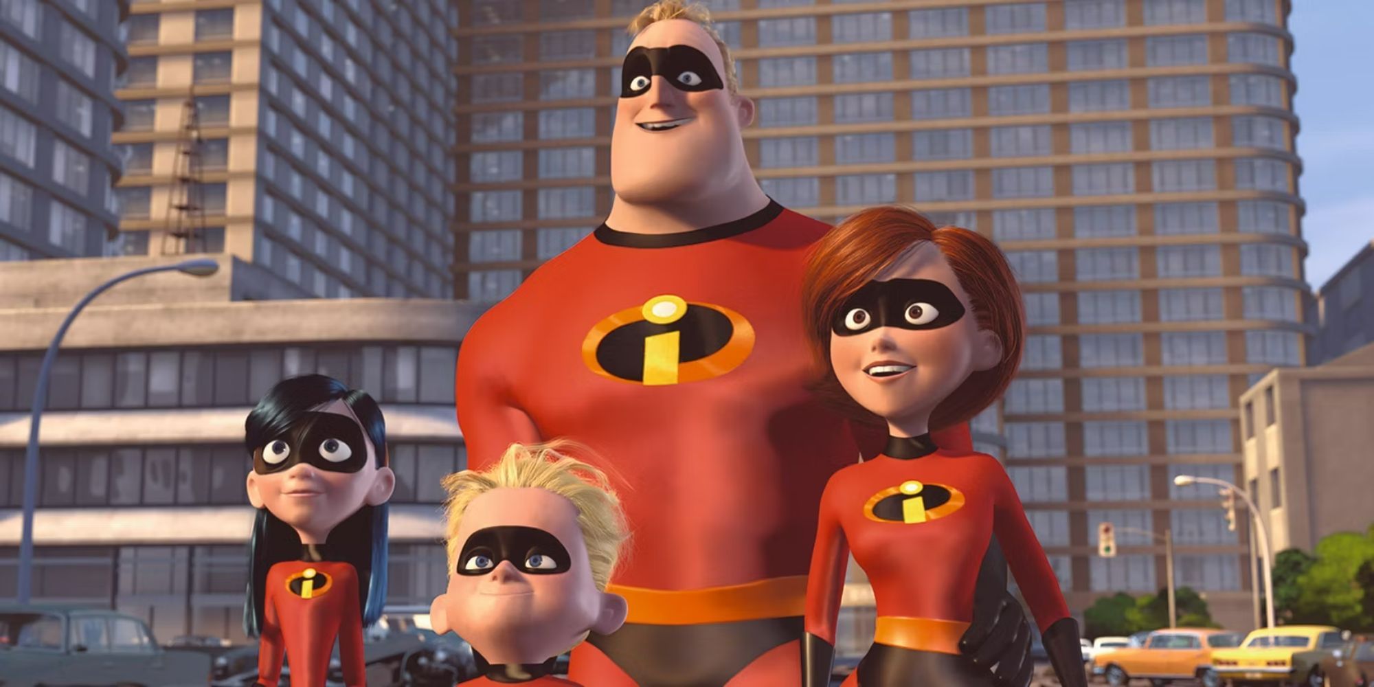 The Incredibles assembled on the street - Violet, Dash, Mr. Incredible and Elastigirl in The Incredibles (2004)