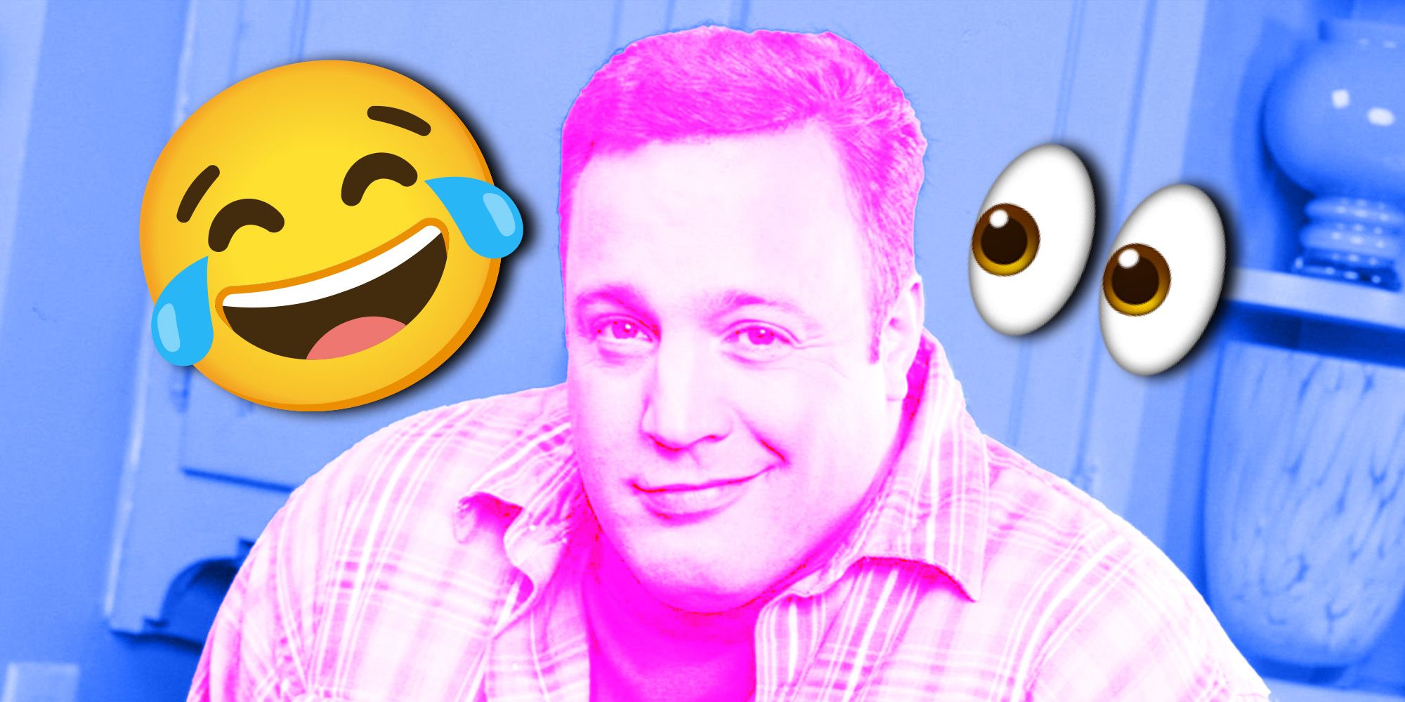A colorful image of Kevin James in The King of Queens surrounded by Emojis