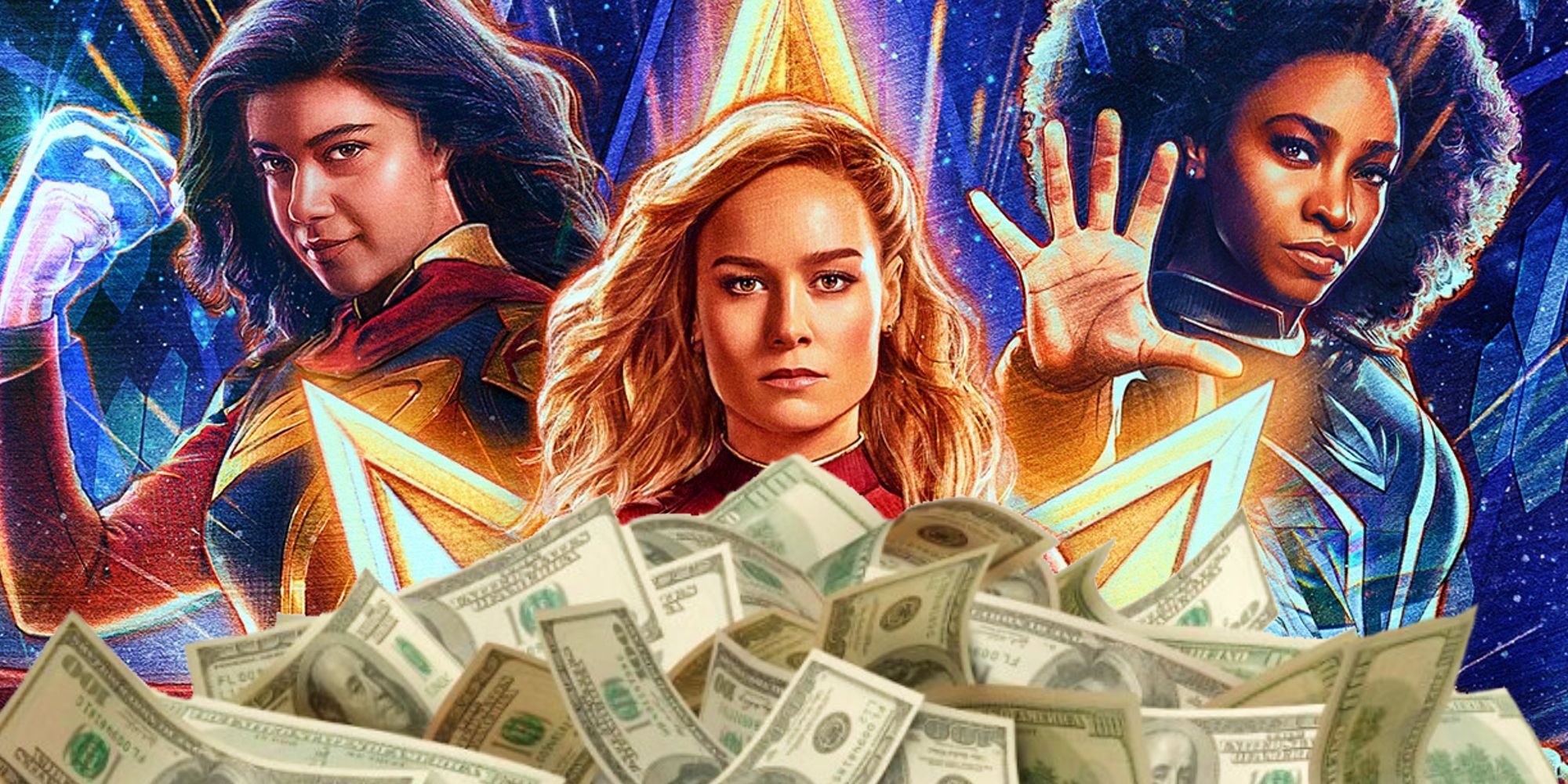 The Marvels' poster with a stack of cash in front
