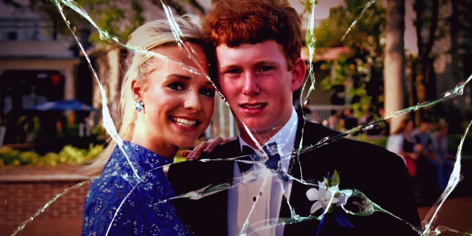 This image shows Maggie and Paul Murdaugh posing together in a photo with a broken glass effect over top.