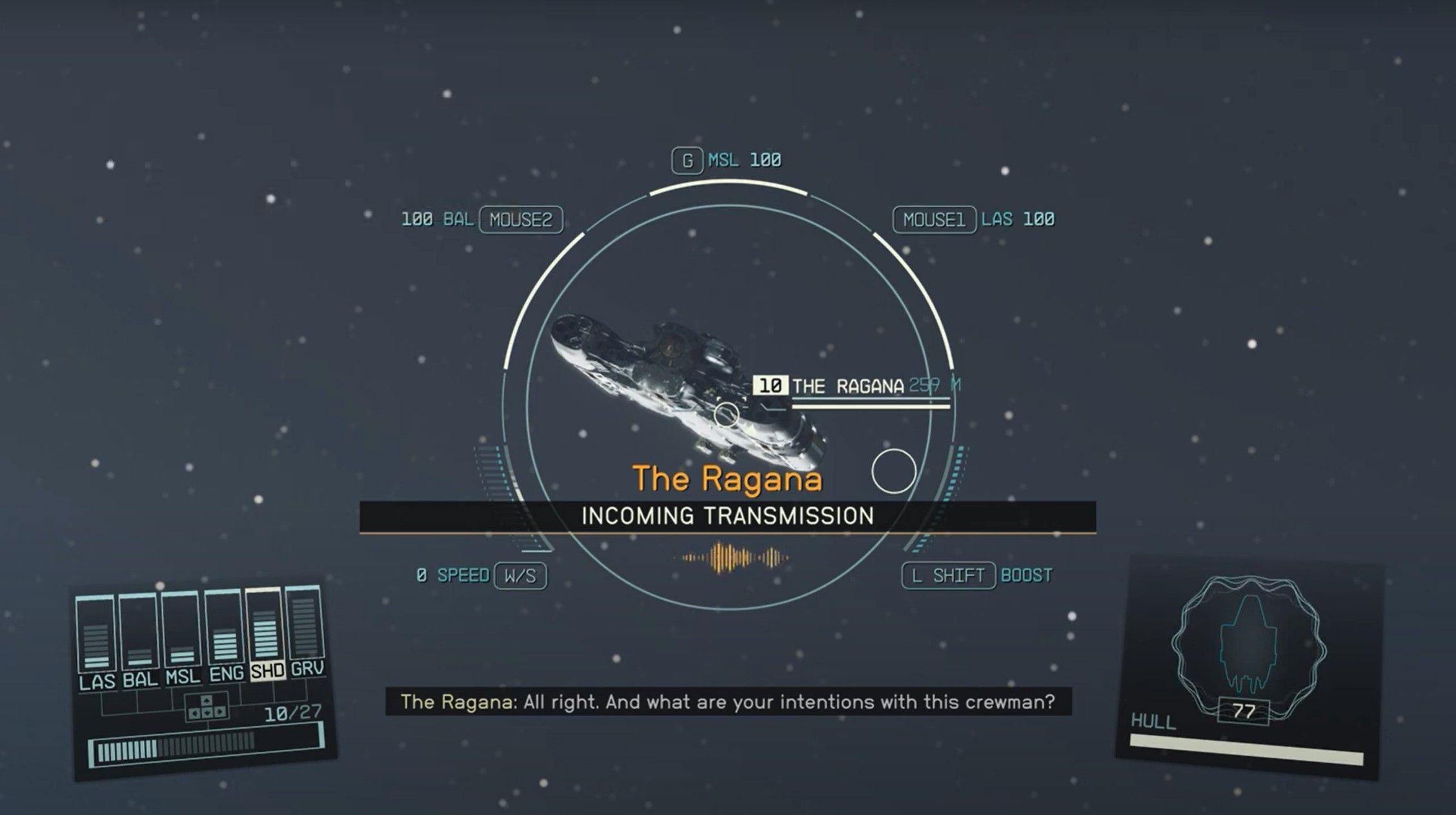 The player hails The Ragana in space. This is a screenshot from Loli Ho on YouTube.