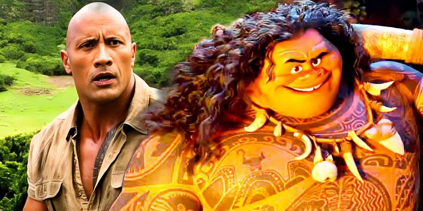 Dwayne "The Rock" Johnson next to his character Maui in Moana