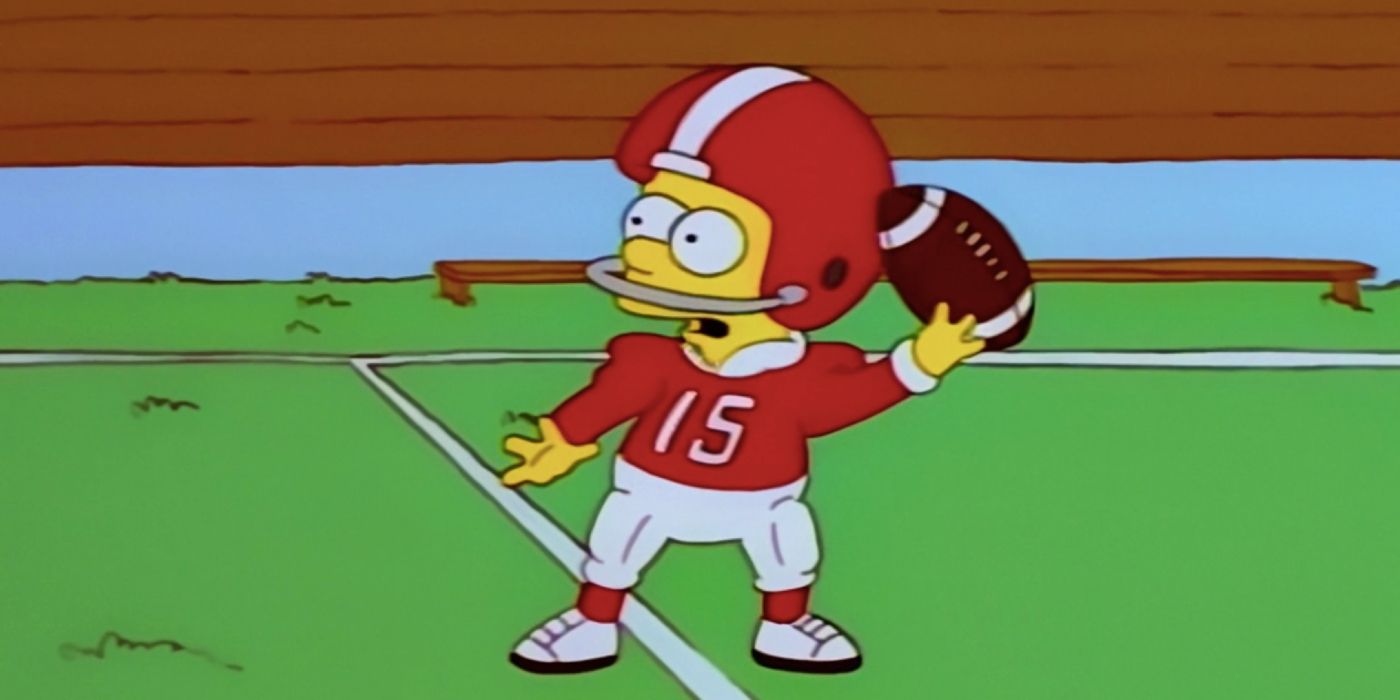 Bart throws a football in The Simpsons.