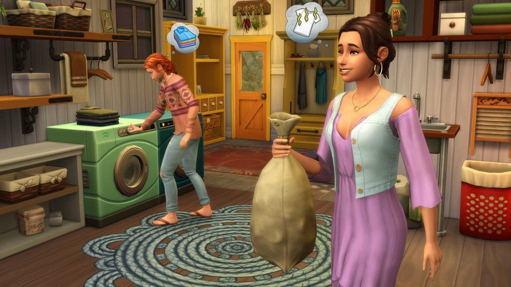 The Sims 4 Laundry Day Stuff image showing a woman carrying laundry and a man using a washing machine.