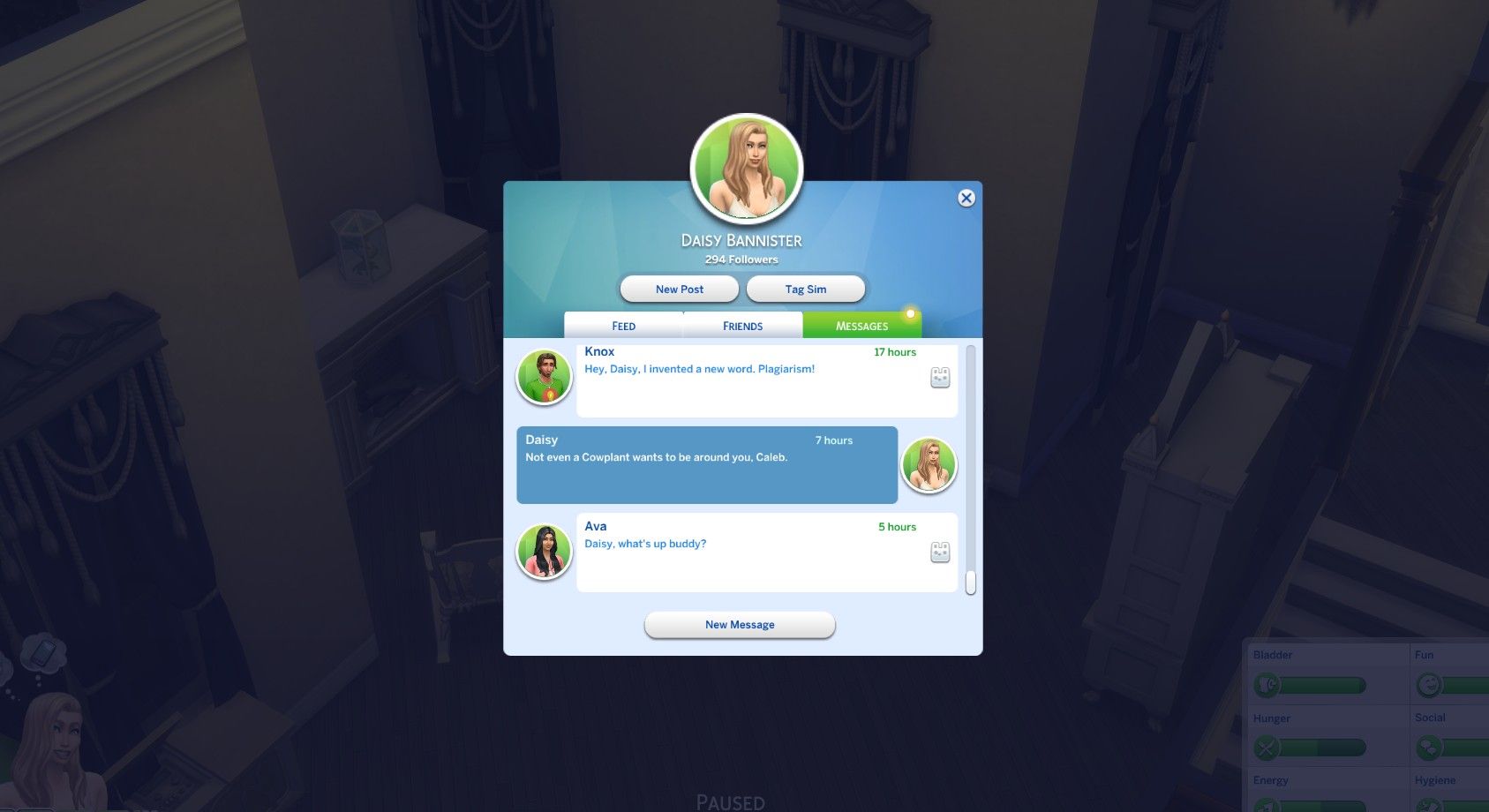 The Sims 4 Social Bunny app showing messages.