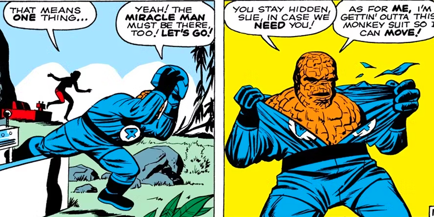 The Thing tearing off his costume in Marvel Comics