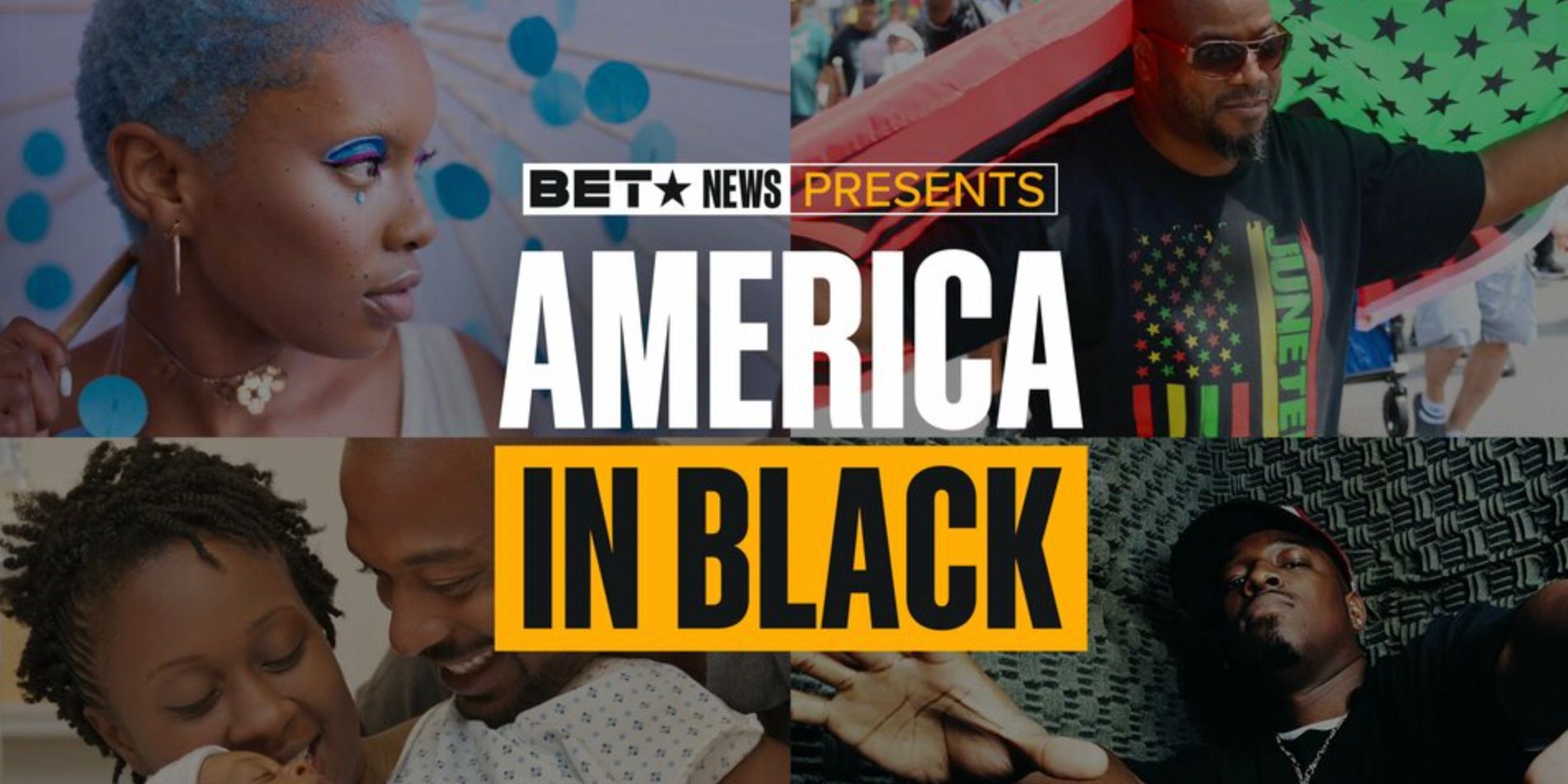 The title card for Black in America on BET features Black individuals under a parasol, under a flag, in a music video, and welcoming a new baby