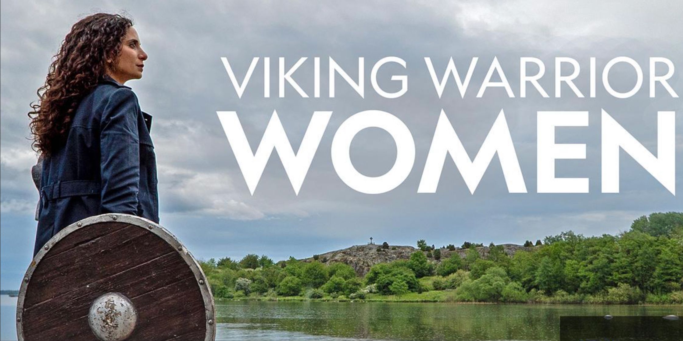 The title card for National Geographic special Viking Warrior Woman features a woman holding a shield and looking out on the water