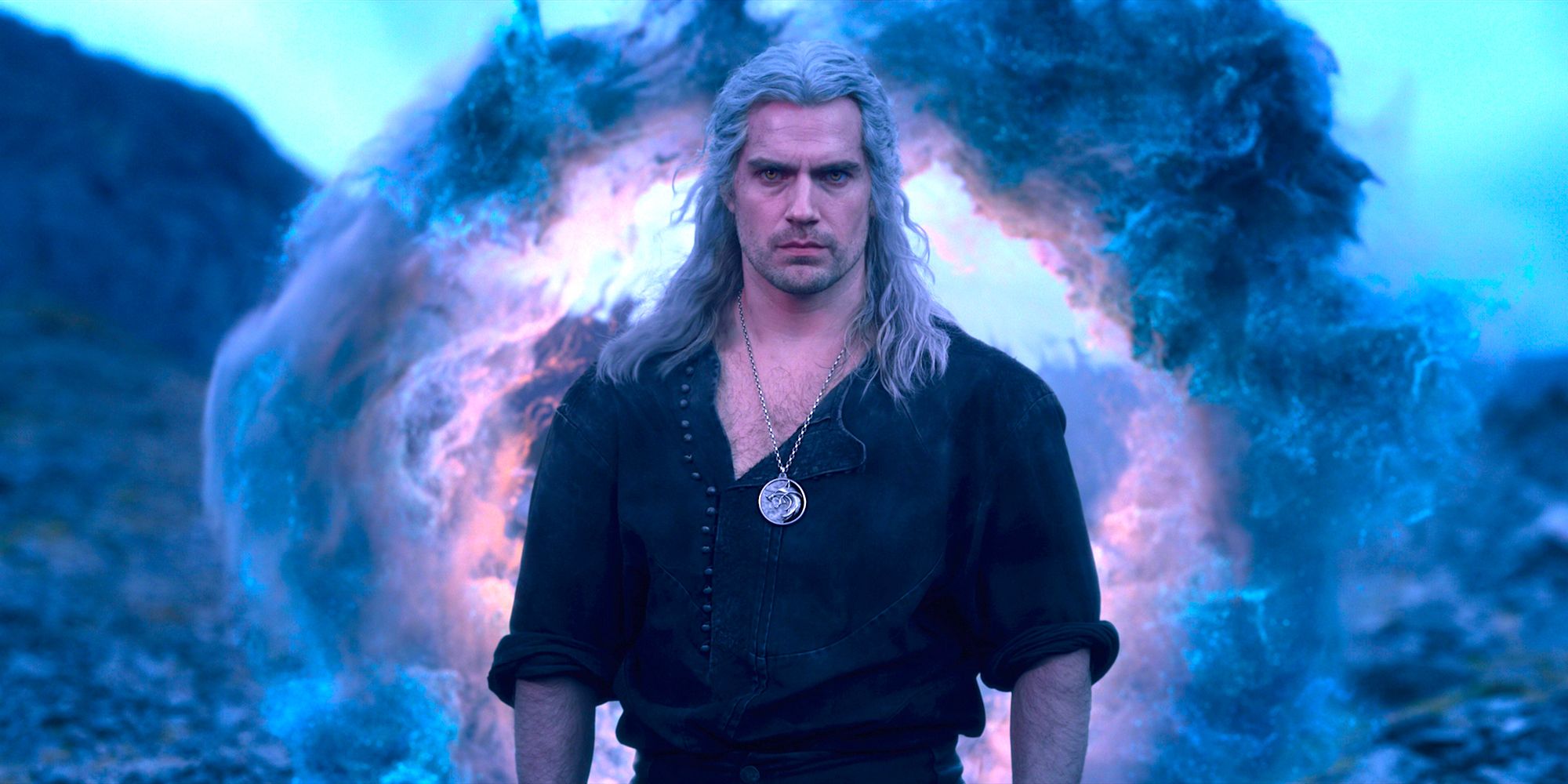 Henry Cavill as Geralt of Rivia in front of a circle of smoke in The Witcher season 3