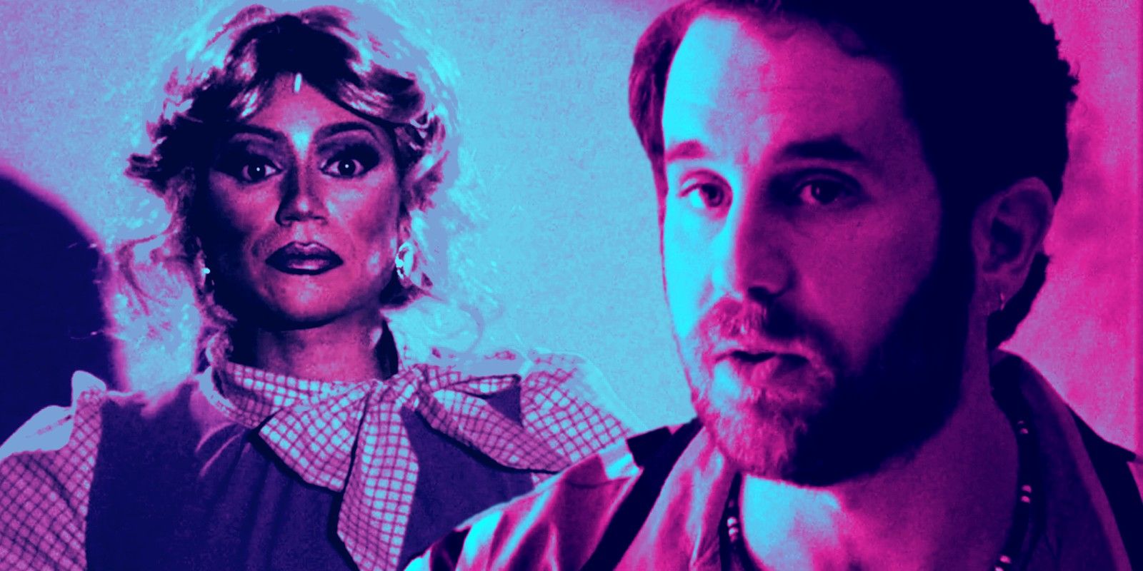 This image shows Glenn and Amos from Theater Camp with a purple and blue overlay.