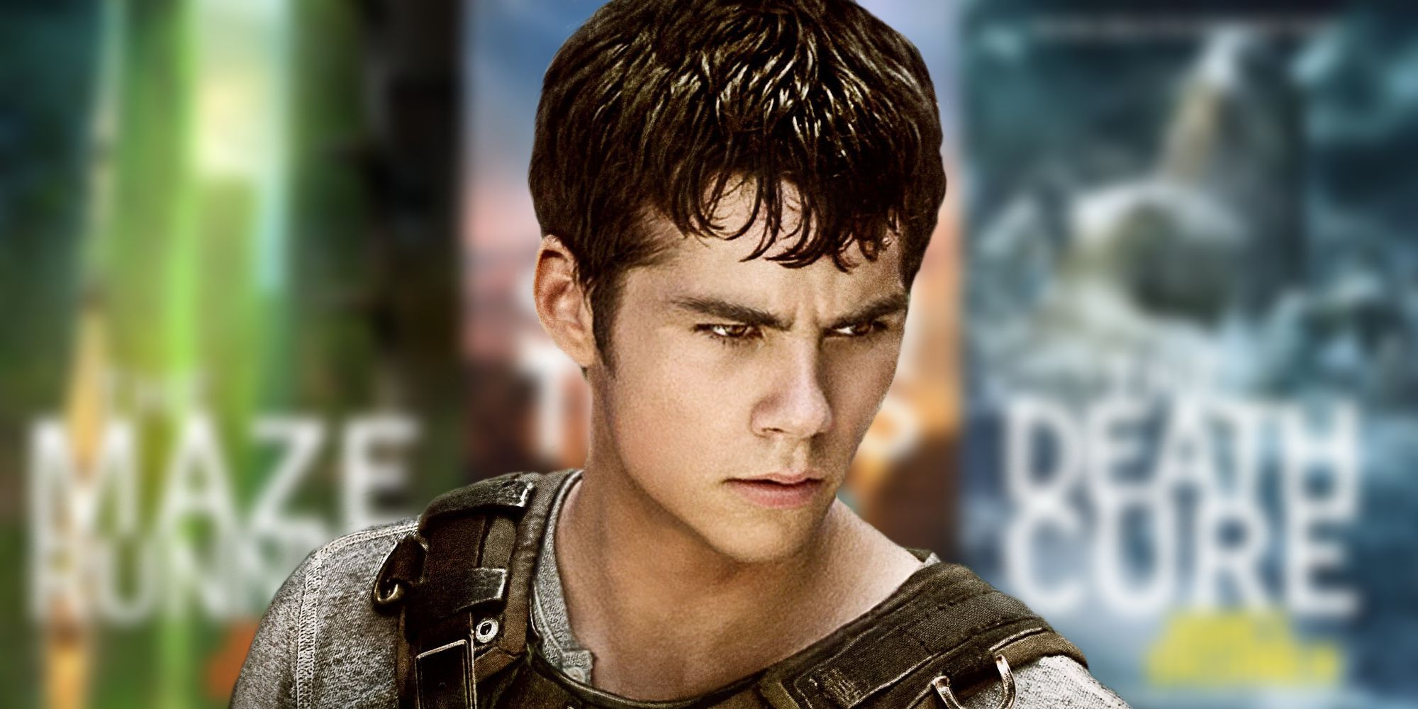 Thomas from The Maze Runner films overlayed on a blurred image of the book series
