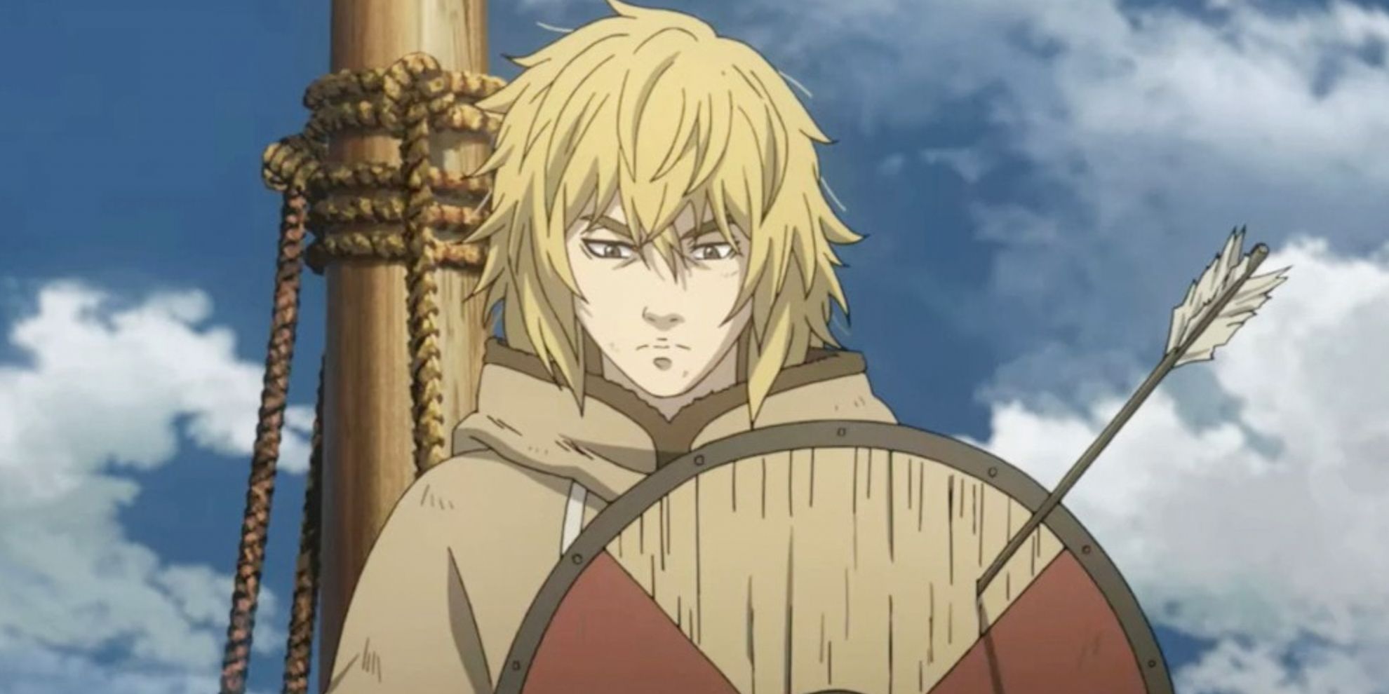 Thorfinn with a shield in front of him in Vinland Saga