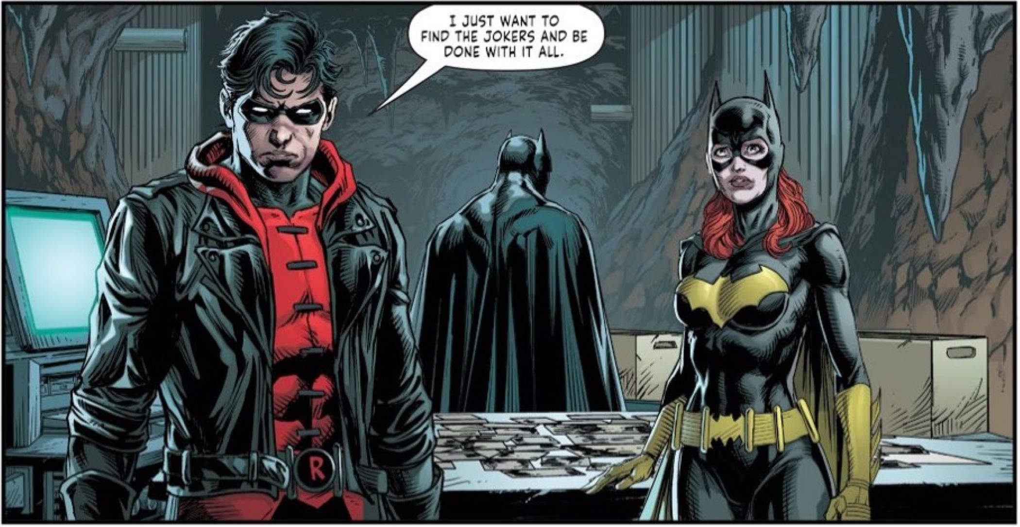 Batman et Batgirl semblent très déçus alors que Red Hood déclare qu'il va tuer les deux derniers Jokers restants.