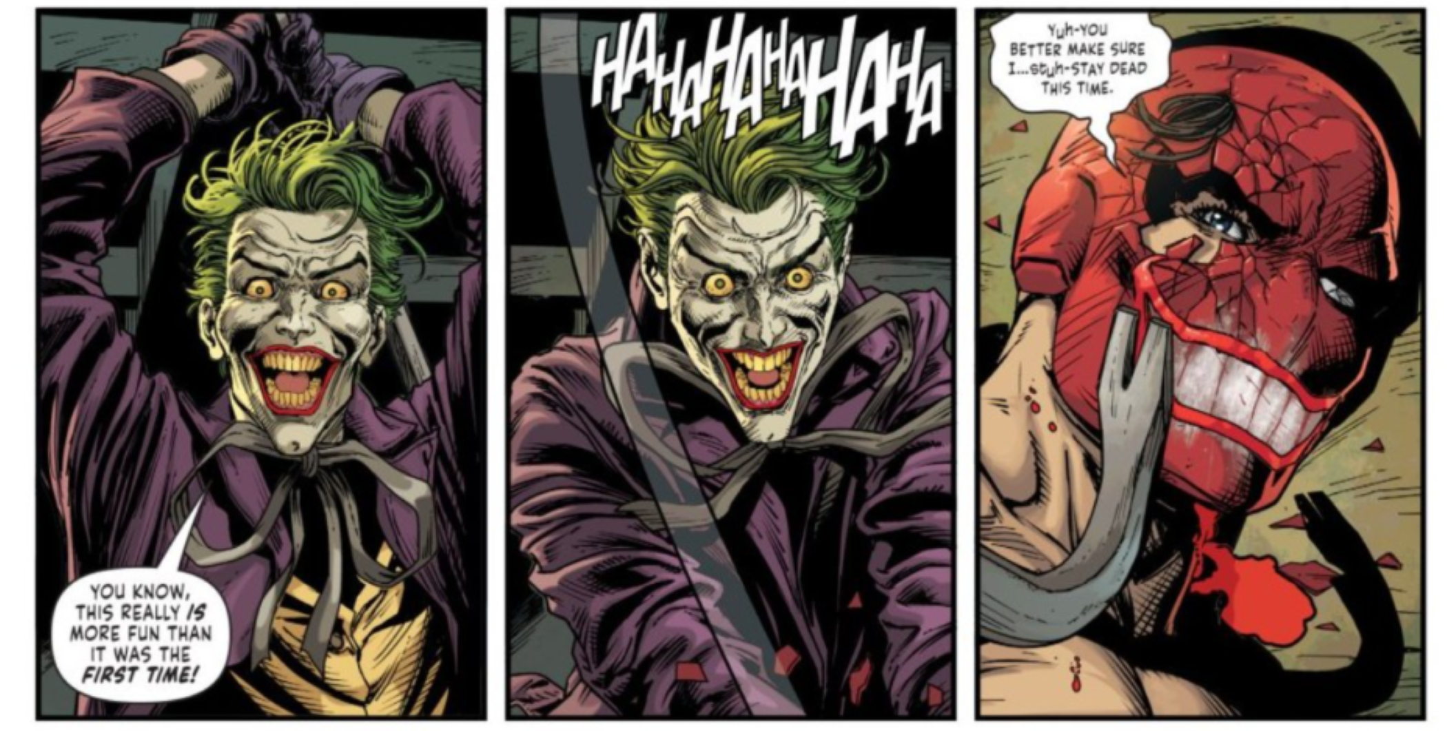 Les Jokers battent brutalement Red Hood avec une barre de corbeau, le masque de Red Hood peint avec le sourire du Joker