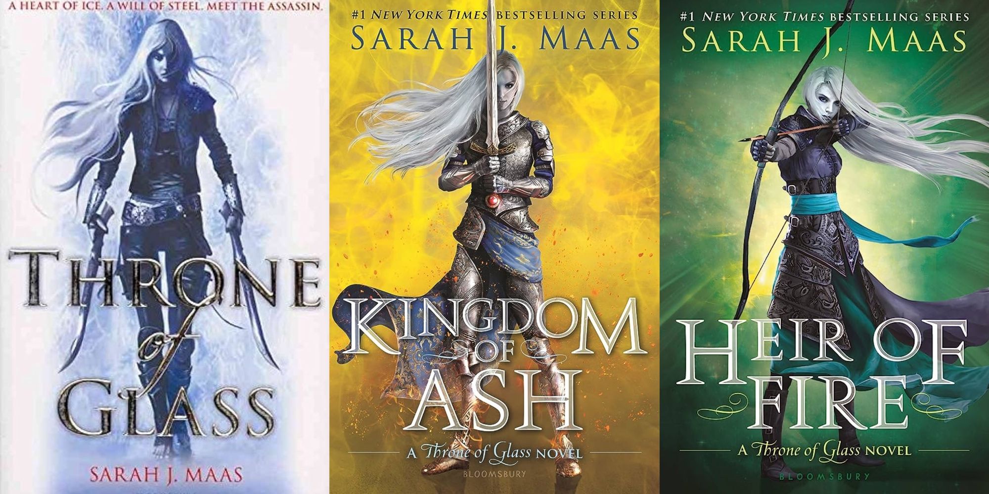 A split image of three books from the Throne of Glass series: Throne of Glass, Kingdom of Ash, and Heir of Fire