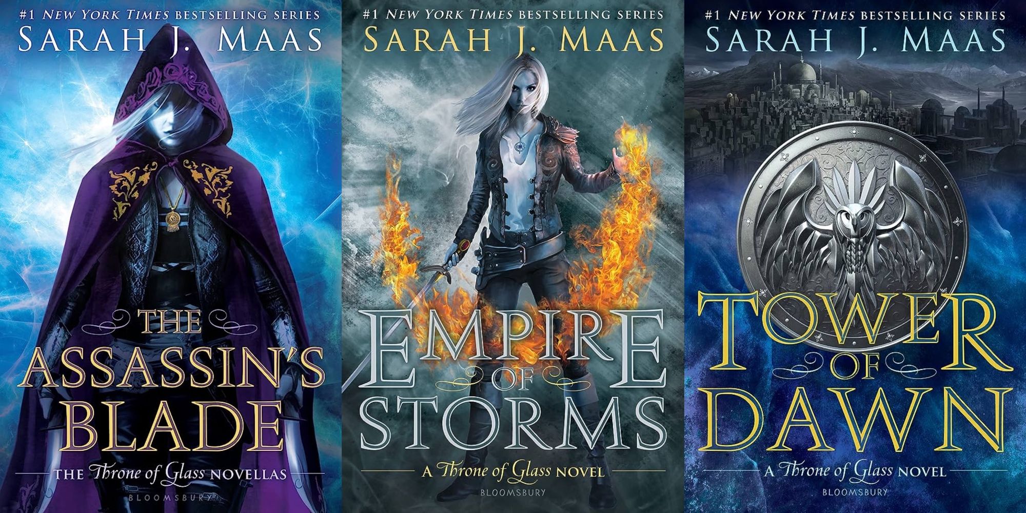 A split image of three books in the Throne of Glass series: The Assassin's Blade, Empire of Storms, and Tower of Dawn
