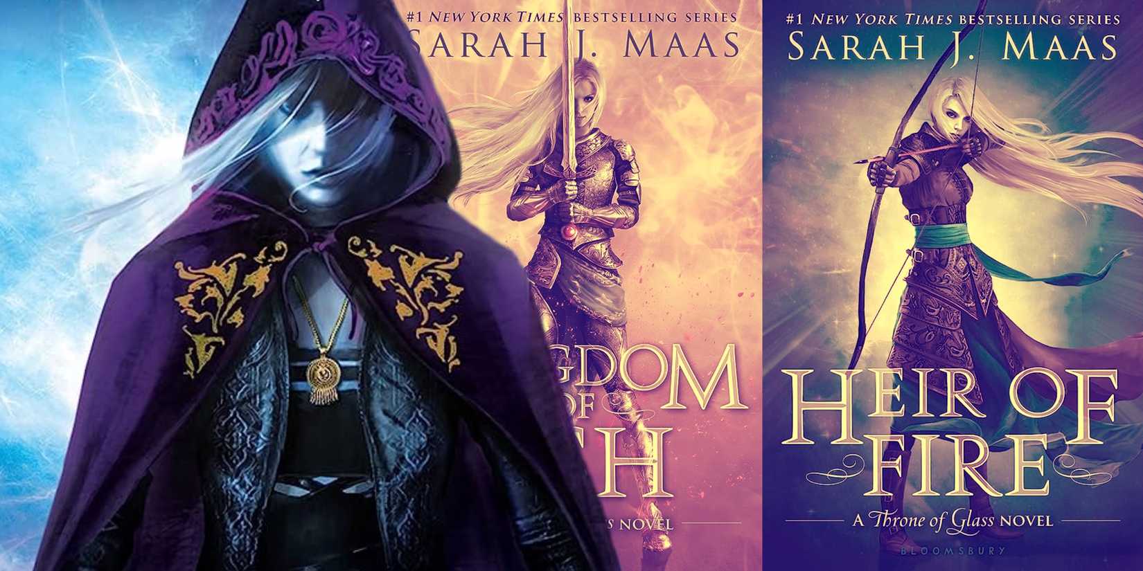 A composite image of Celaena from the Throne of Glass series with book covers