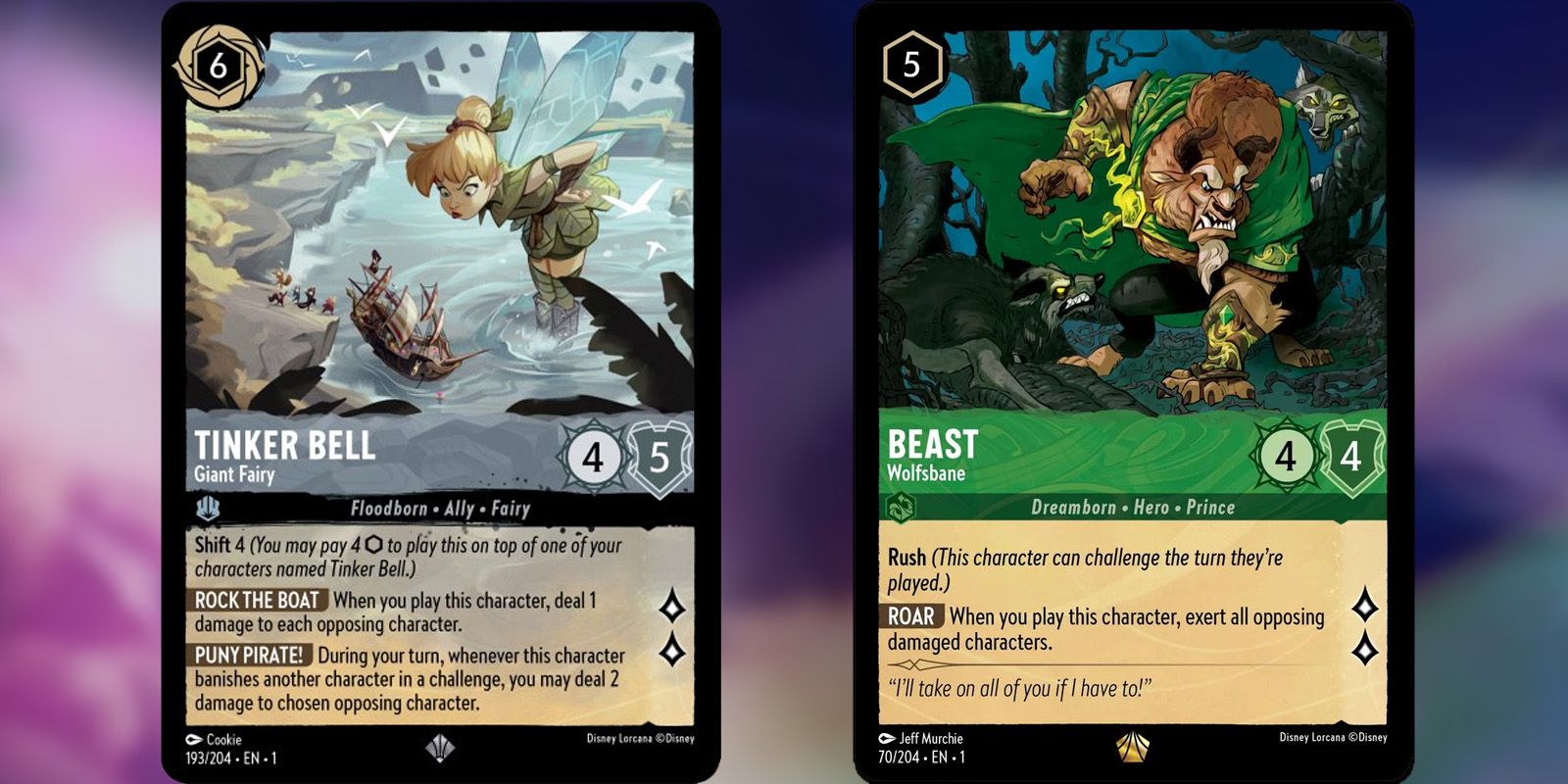 Tinker Bell Giant Fairy and Beast Wolfsbane Lorcana cards side by side.